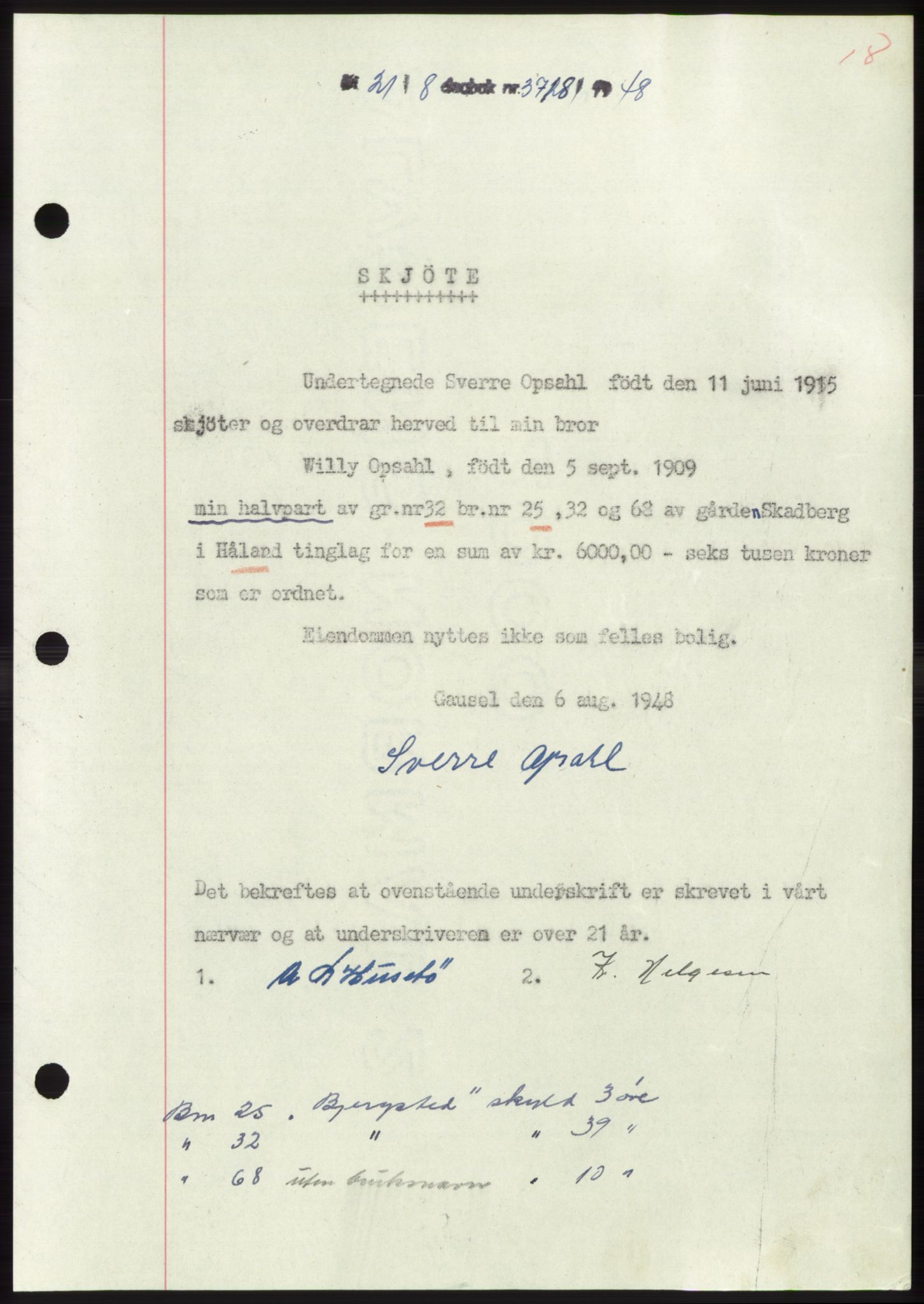 Jæren sorenskriveri, SAST/A-100310/03/G/Gba/L0099: Pantebok, 1948-1948, Dagboknr: 3718/1948
