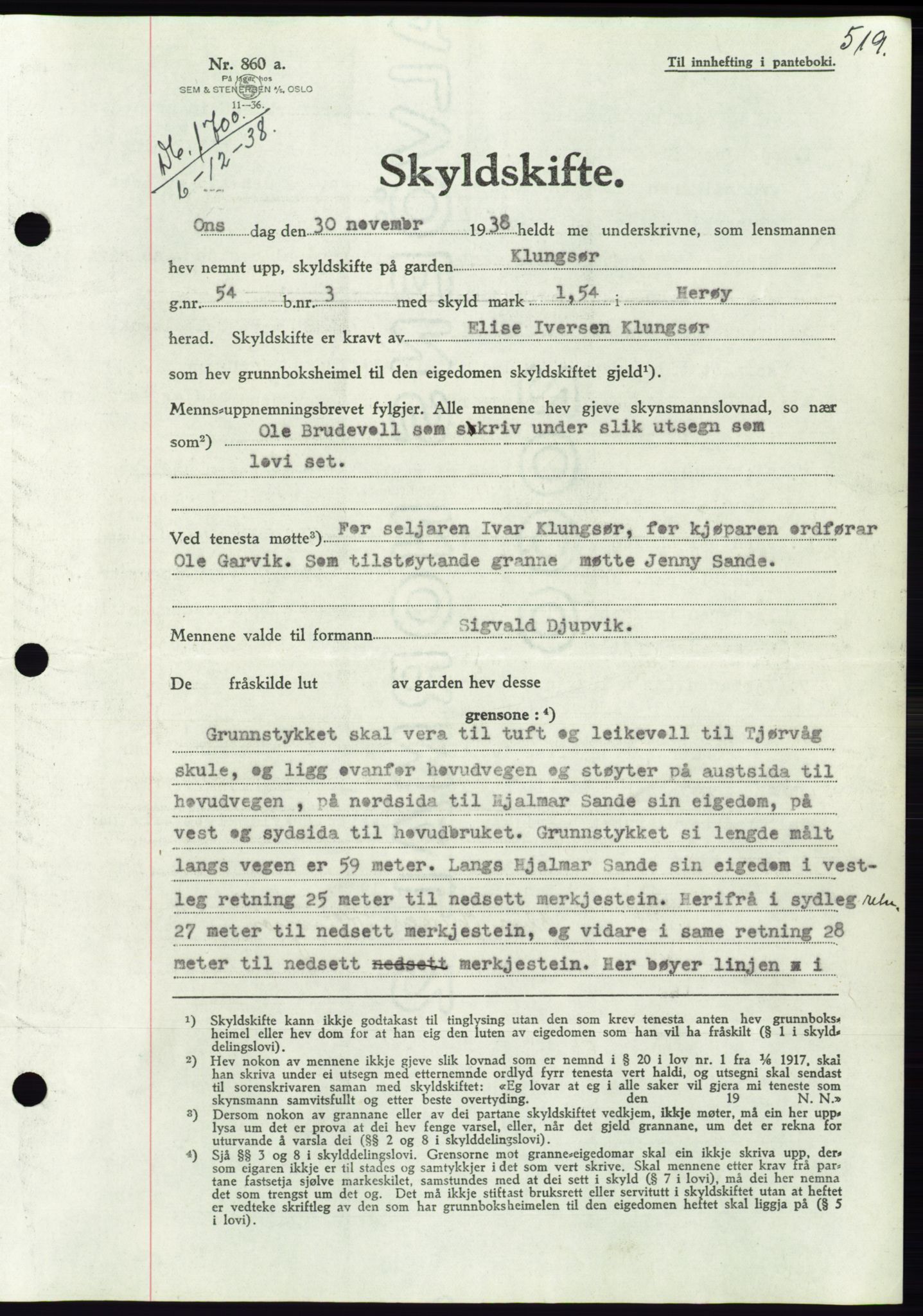 Søre Sunnmøre sorenskriveri, AV/SAT-A-4122/1/2/2C/L0066: Pantebok nr. 60, 1938-1938, Dagboknr: 1700/1938