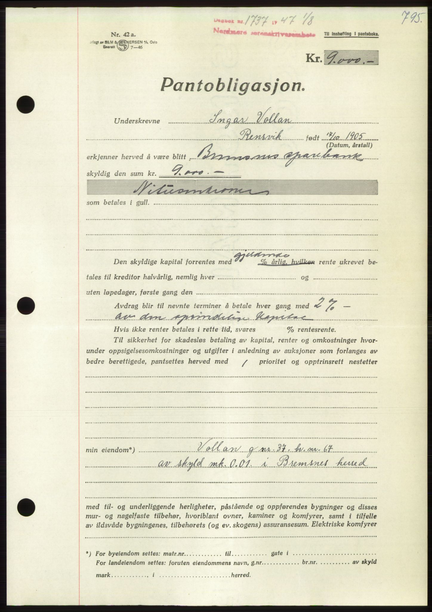 Nordmøre sorenskriveri, AV/SAT-A-4132/1/2/2Ca: Pantebok nr. B96, 1947-1947, Dagboknr: 1737/1947