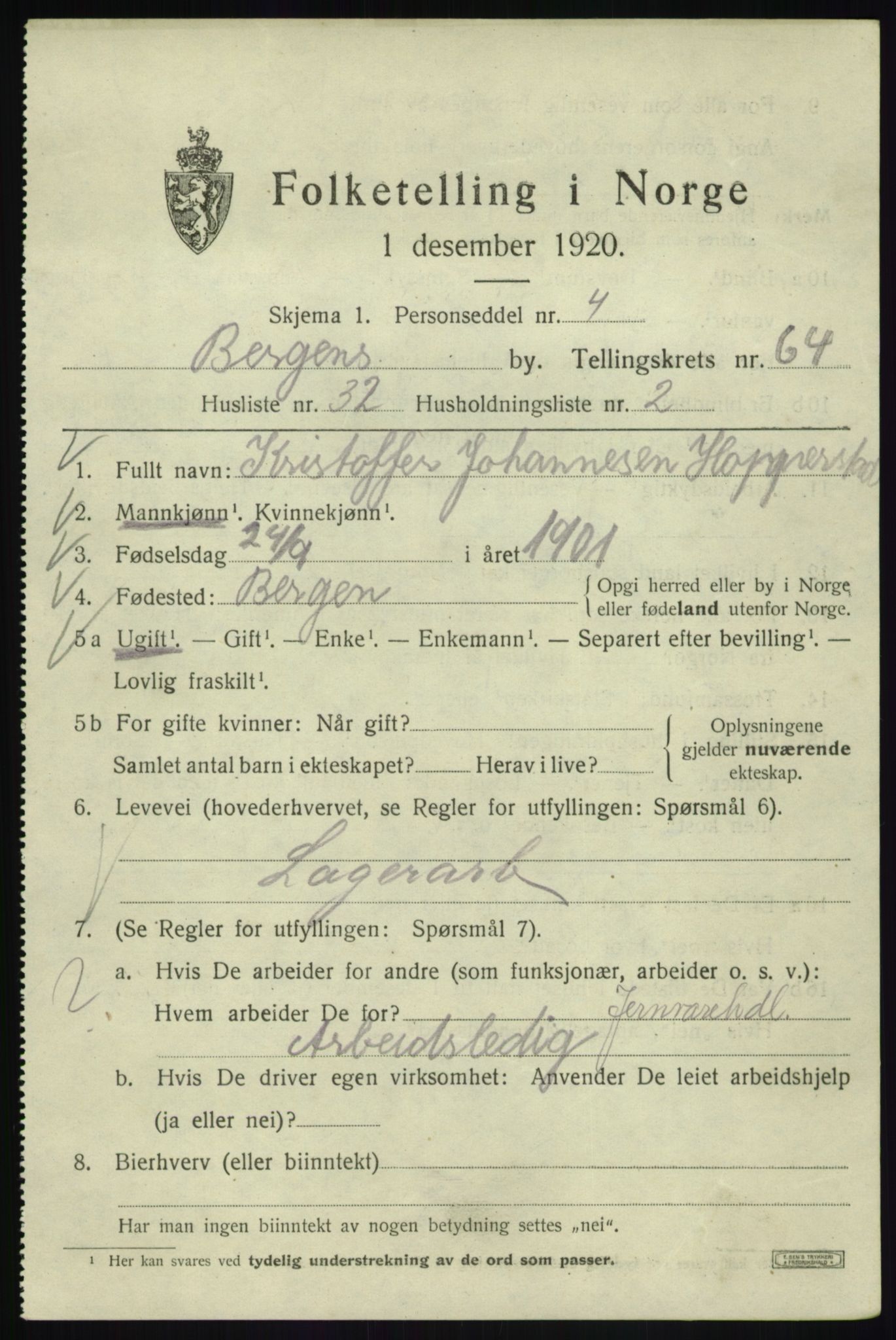 SAB, Folketelling 1920 for 1301 Bergen kjøpstad, 1920, s. 133059