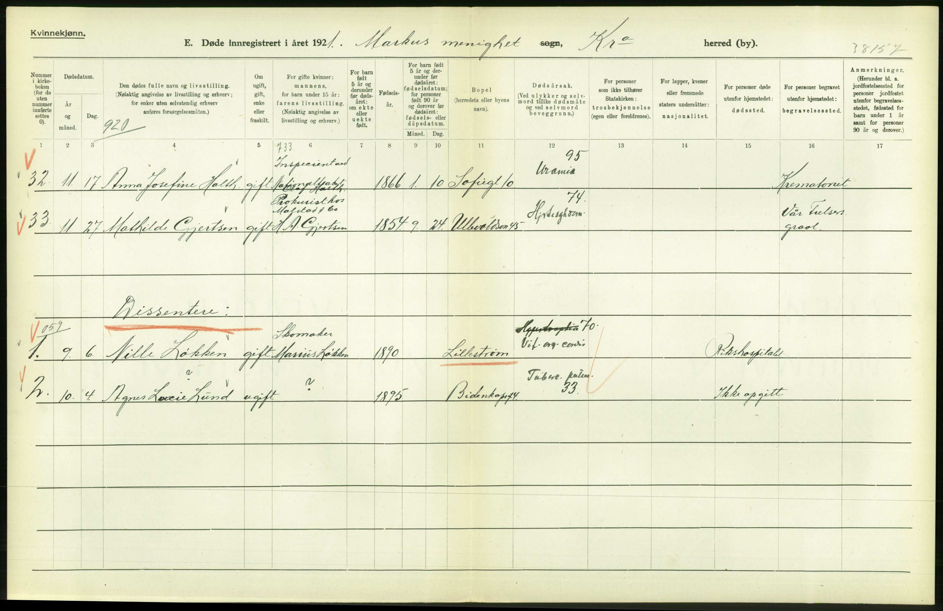 Statistisk sentralbyrå, Sosiodemografiske emner, Befolkning, AV/RA-S-2228/D/Df/Dfc/Dfca/L0012: Kristiania: Døde, 1921, s. 98