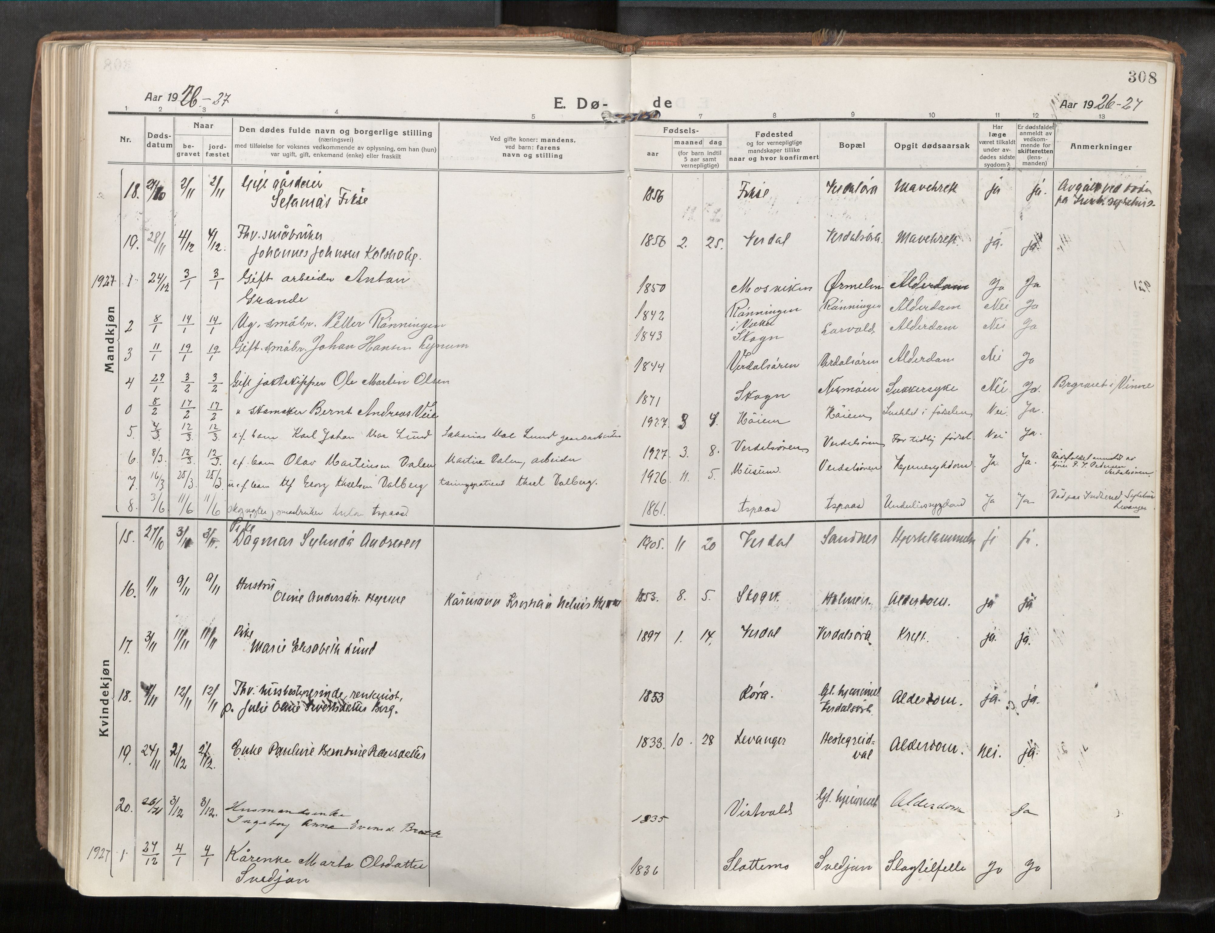 Verdal sokneprestkontor, AV/SAT-A-1156/2/H/Haa/L0001: Ministerialbok nr. 1, 1917-1932, s. 308