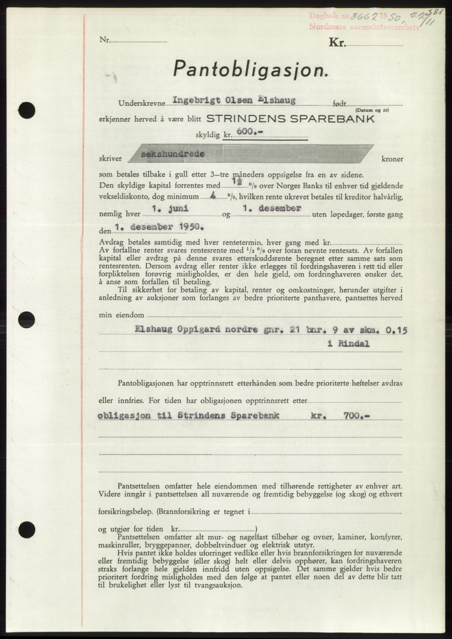 Nordmøre sorenskriveri, SAT/A-4132/1/2/2Ca: Pantebok nr. B106, 1950-1950, Dagboknr: 3662/1950