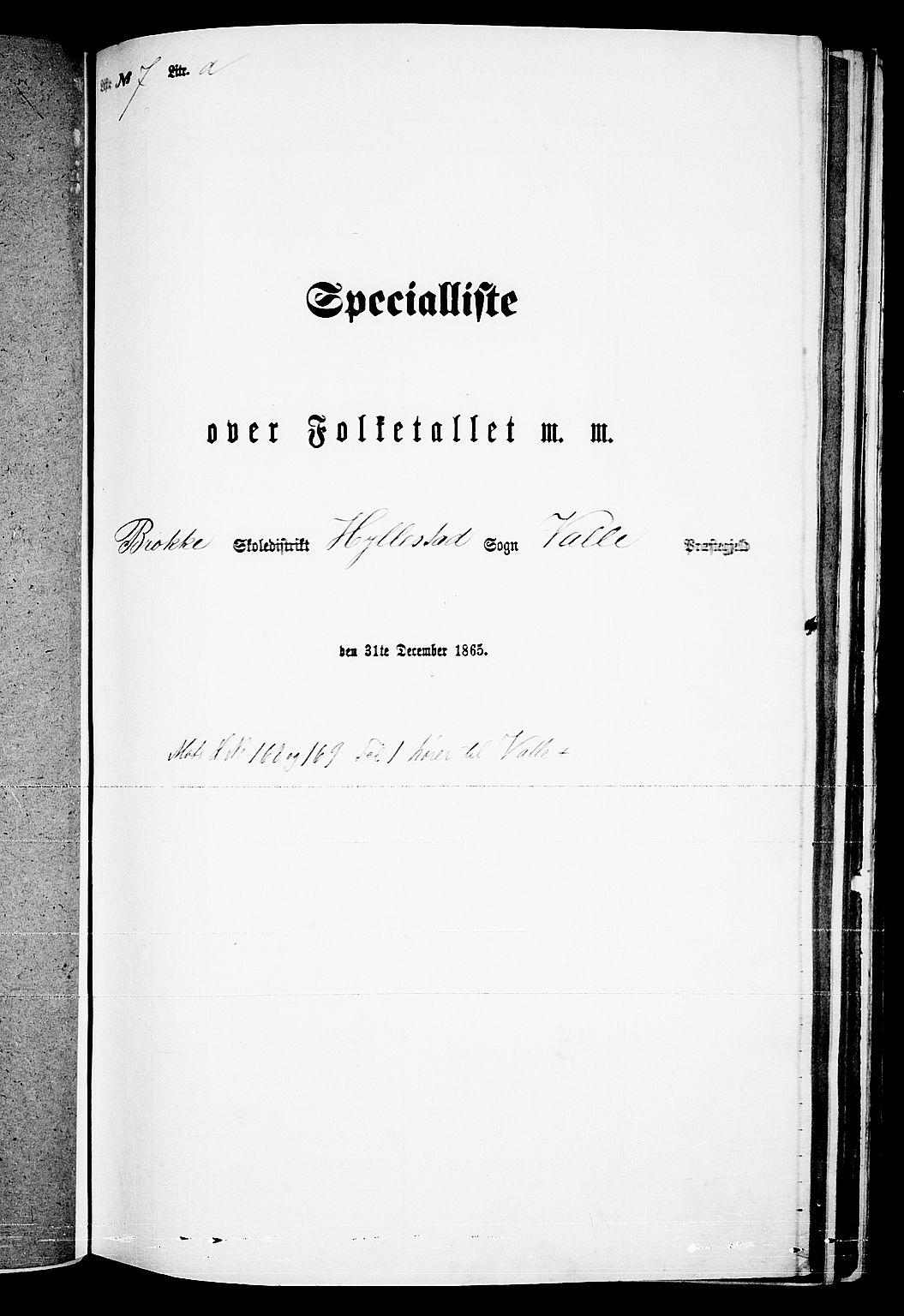 RA, Folketelling 1865 for 0940P Valle prestegjeld, 1865, s. 98