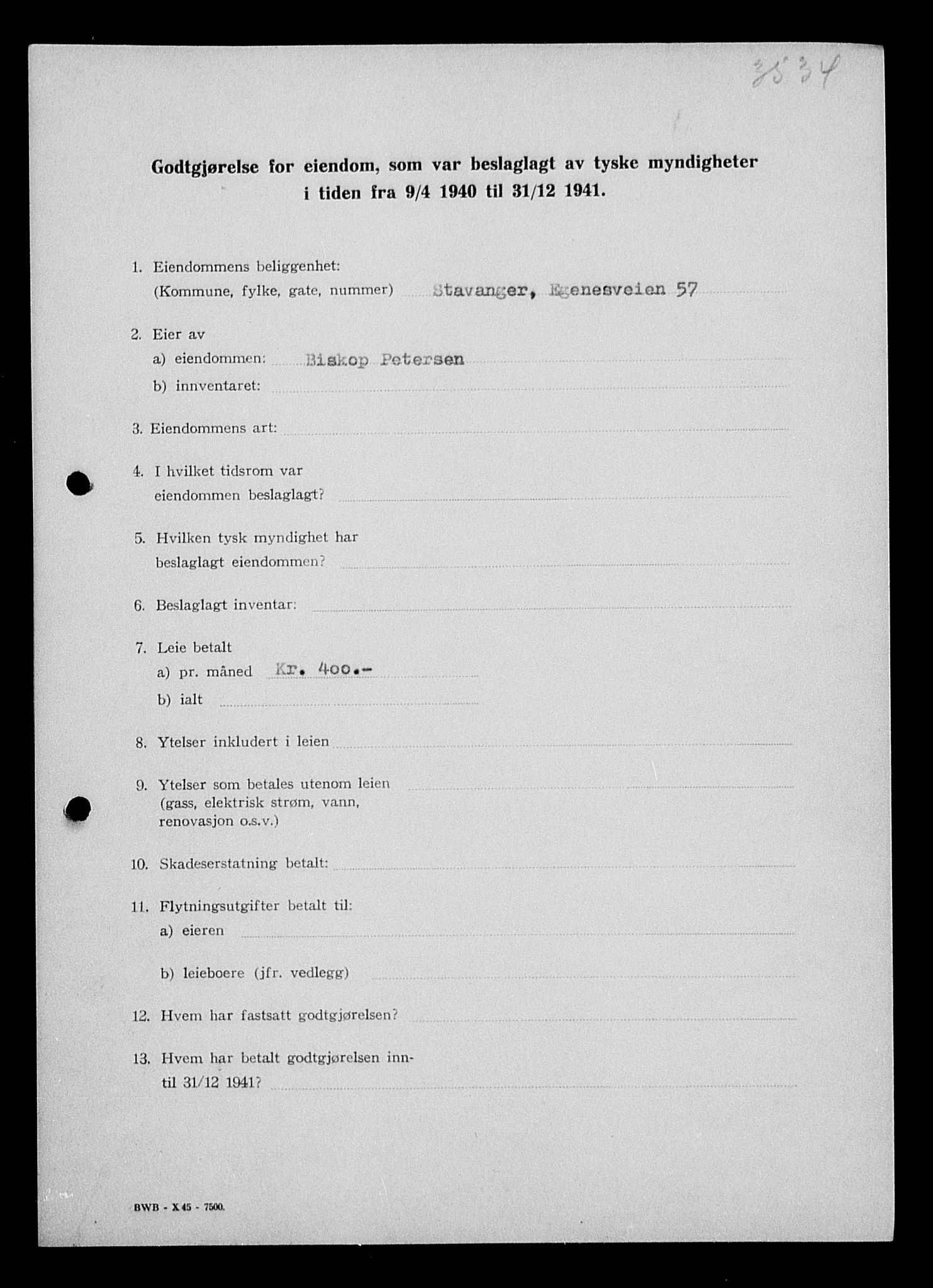 Justisdepartementet, Tilbakeføringskontoret for inndratte formuer, AV/RA-S-1564/I/L1014: Godtgjørelse for beslaglagt eiendom, 1940-1941, s. 105