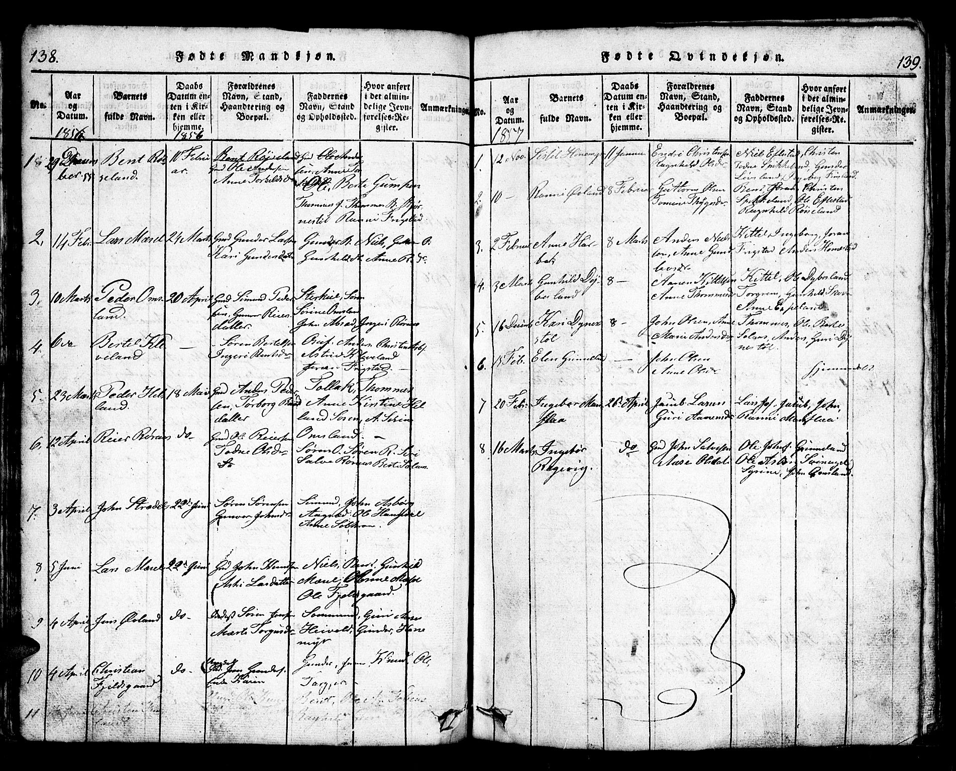 Bjelland sokneprestkontor, SAK/1111-0005/F/Fb/Fbb/L0003: Klokkerbok nr. B 3, 1816-1868, s. 138-139