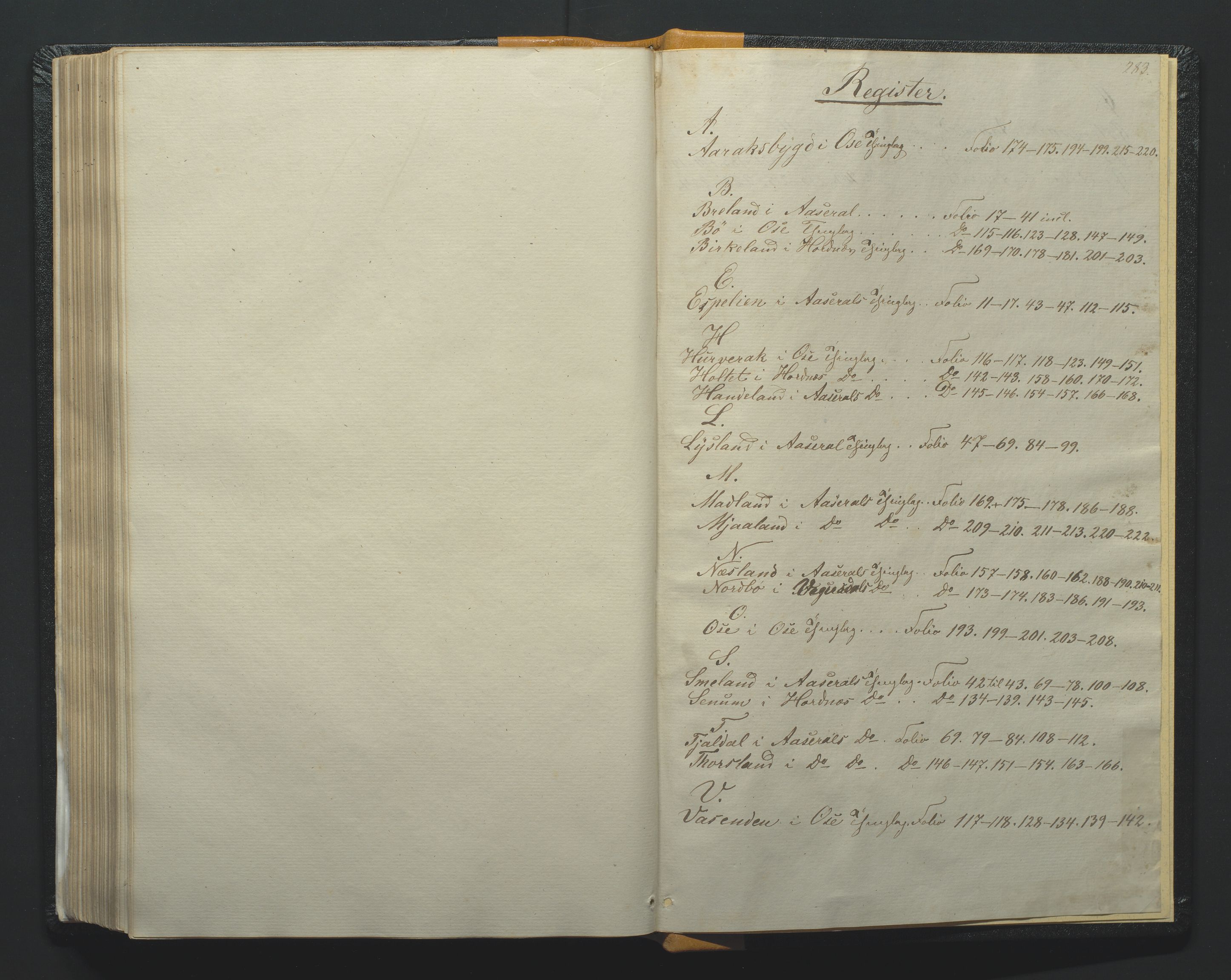 Utskiftningsformannen i Nedenes amt, AV/SAK-1541-0002/F/Fa/Faa/L0002: Utskiftningsprotokoll med gårdsregister, Nedenes amt nr 2, 1860-1867, s. 283