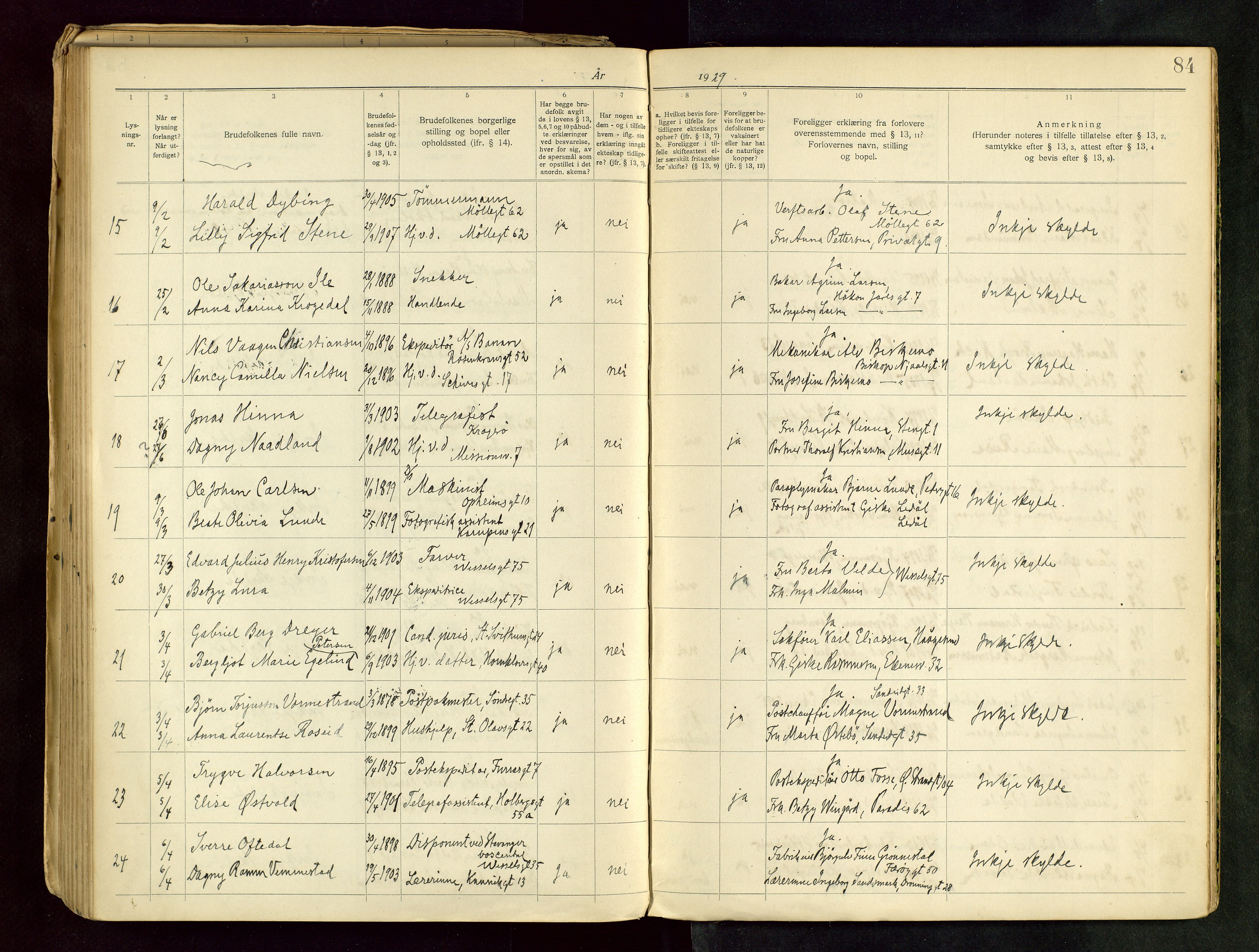 Domkirken sokneprestkontor, AV/SAST-A-101812/001/70/705BB/L0001: Lysningsprotokoll nr. 1, 1920-1930, s. 84