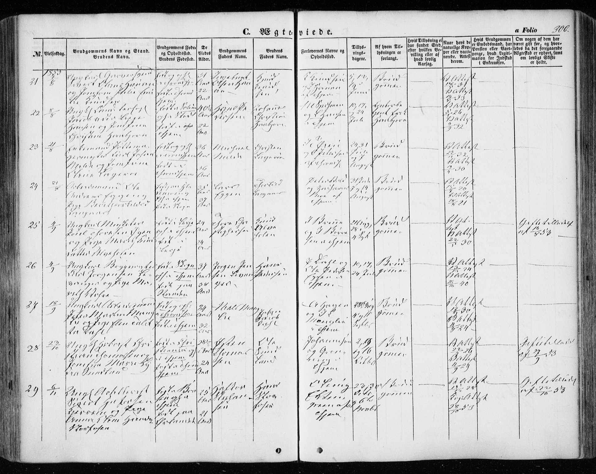Ministerialprotokoller, klokkerbøker og fødselsregistre - Sør-Trøndelag, SAT/A-1456/601/L0051: Ministerialbok nr. 601A19, 1848-1857, s. 306