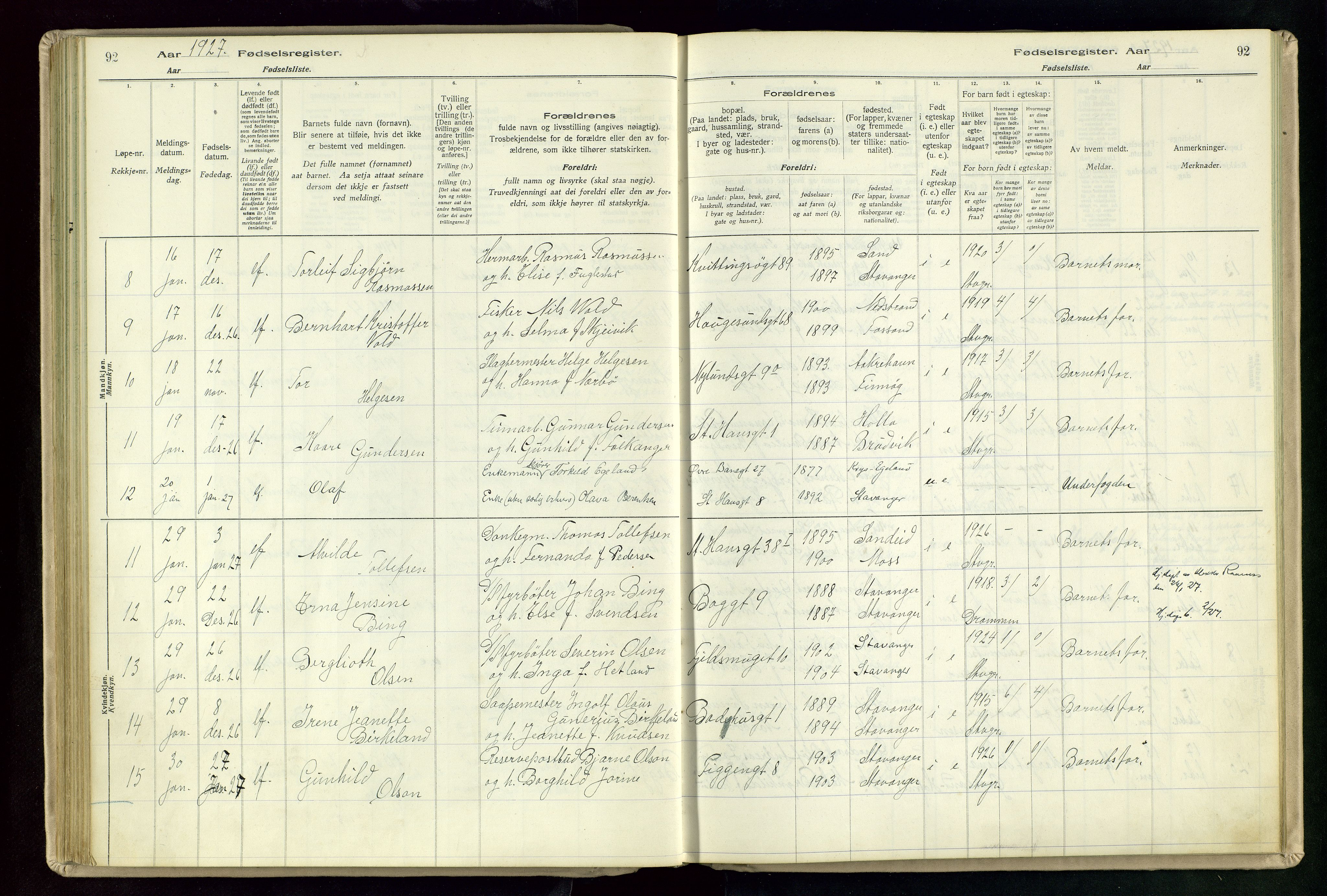 St. Johannes sokneprestkontor, AV/SAST-A-101814/002/A/L0003: Fødselsregister nr. 3, 1924-1930, s. 92