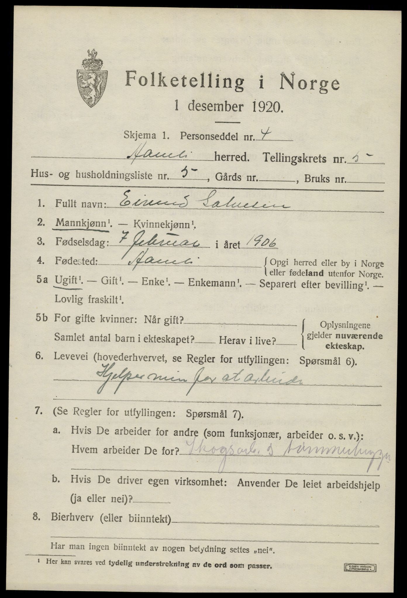 SAK, Folketelling 1920 for 0929 Åmli herred, 1920, s. 2331