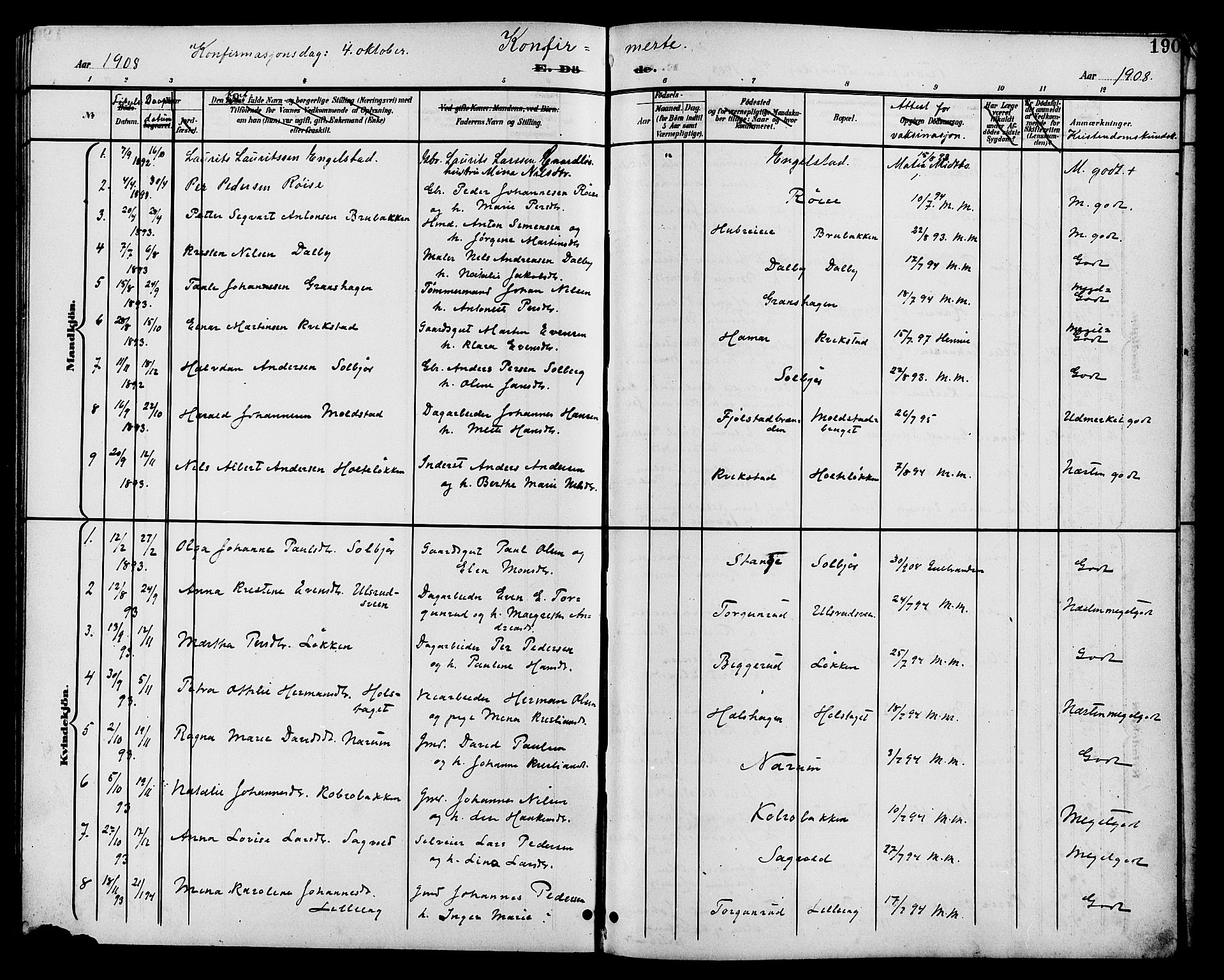 Vestre Toten prestekontor, SAH/PREST-108/H/Ha/Hab/L0011: Klokkerbok nr. 11, 1901-1911, s. 190