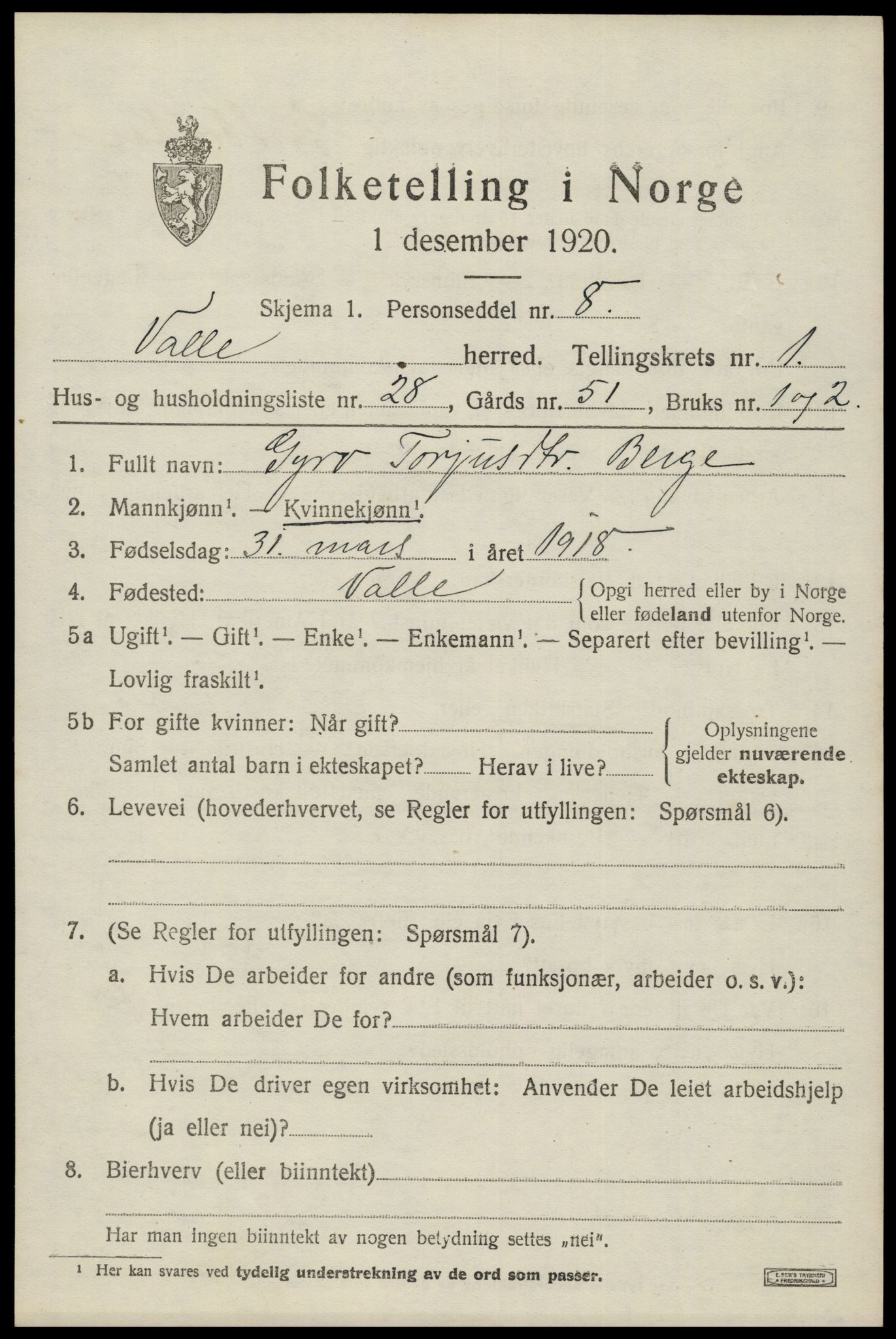 SAK, Folketelling 1920 for 0940 Valle herred, 1920, s. 781