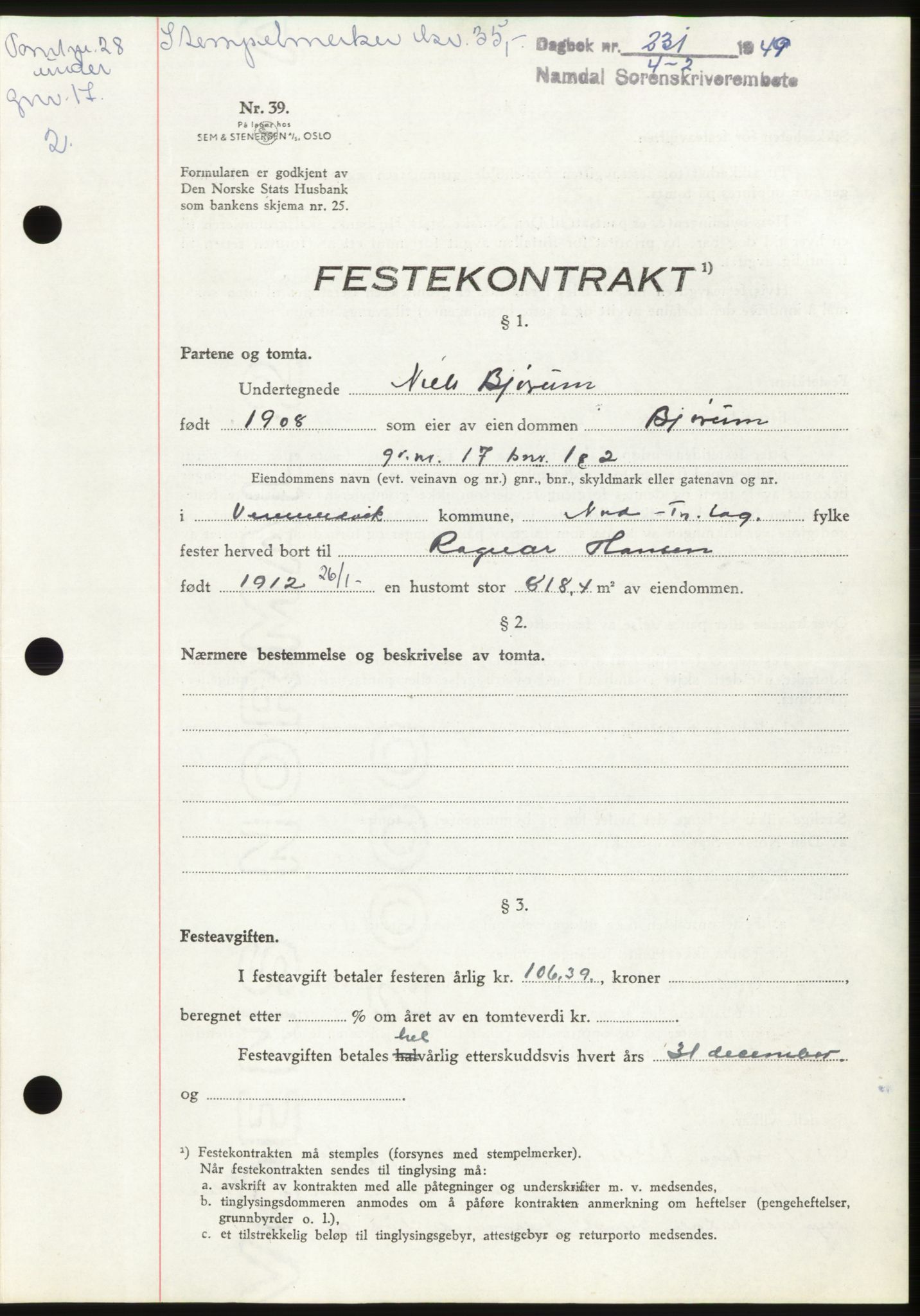 Namdal sorenskriveri, SAT/A-4133/1/2/2C: Pantebok nr. -, 1949-1949, Dagboknr: 231/1949