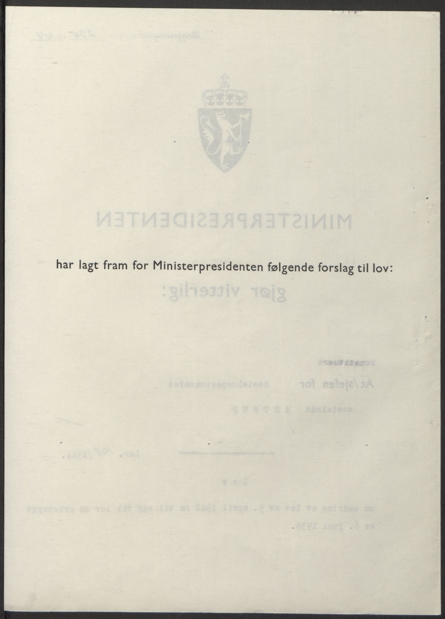 NS-administrasjonen 1940-1945 (Statsrådsekretariatet, de kommisariske statsråder mm), RA/S-4279/D/Db/L0100: Lover, 1944, s. 510