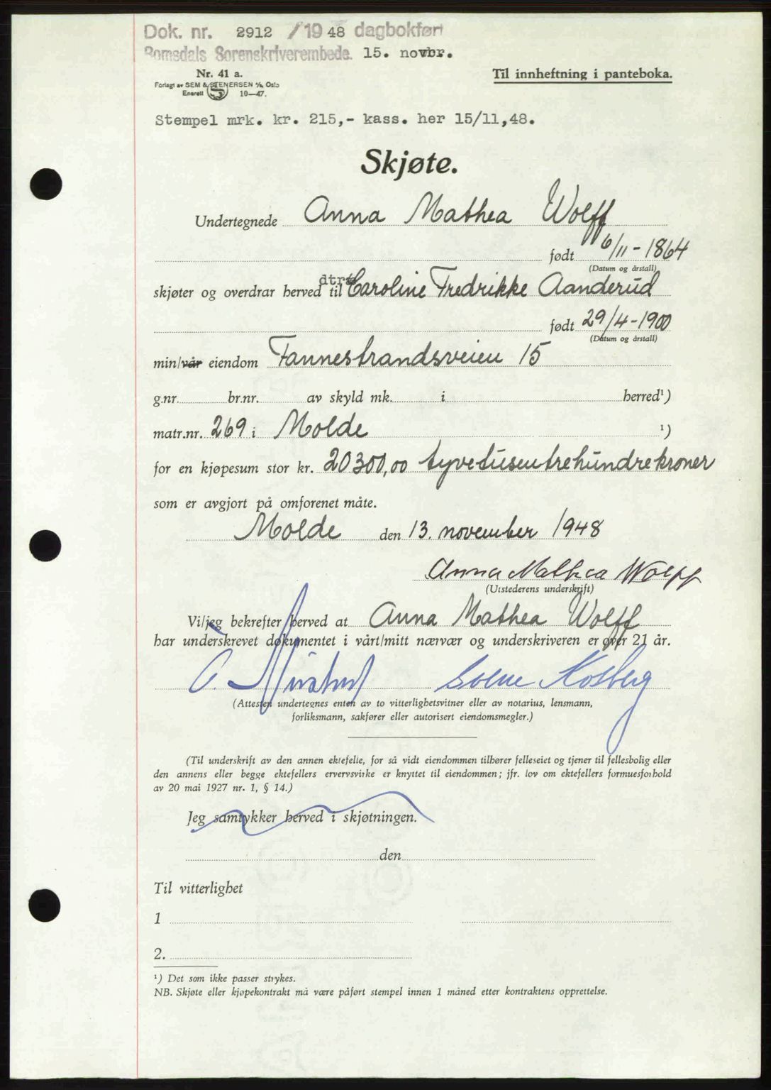 Romsdal sorenskriveri, SAT/A-4149/1/2/2C: Pantebok nr. A27, 1948-1948, Dagboknr: 2912/1948
