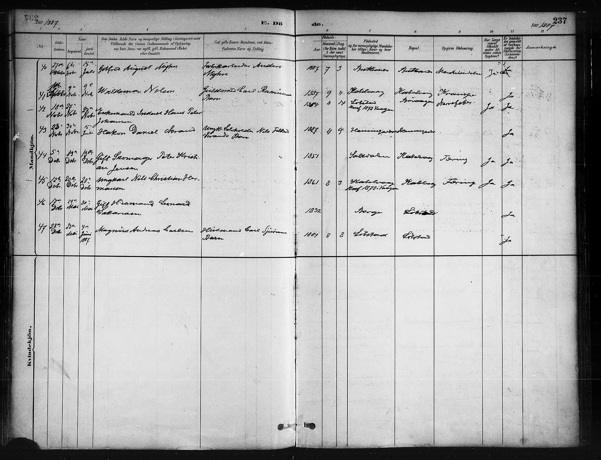 Ministerialprotokoller, klokkerbøker og fødselsregistre - Nordland, AV/SAT-A-1459/874/L1059: Ministerialbok nr. 874A03, 1884-1890, s. 237