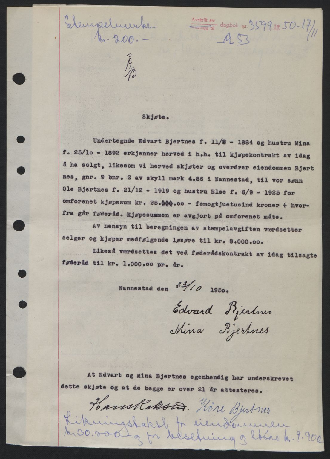 Eidsvoll tingrett, AV/SAO-A-10371/G/Gb/Gbb/L0025: Pantebok nr. A53, 1950-1950, Dagboknr: 3599/1950