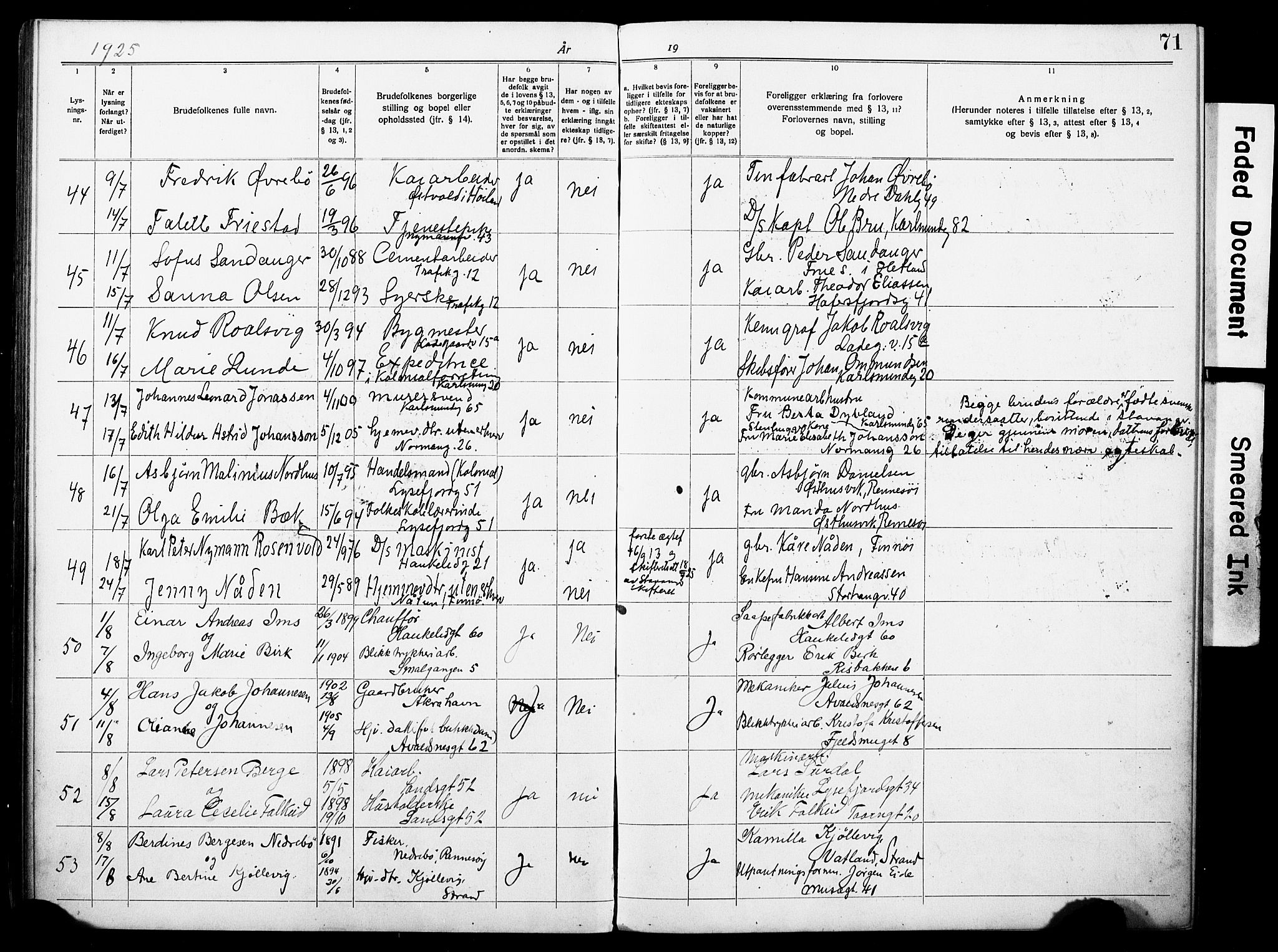 St. Johannes sokneprestkontor, AV/SAST-A-101814/001/70/705BA/L0004: Lysningsprotokoll nr. 4, 1919-1928, s. 71