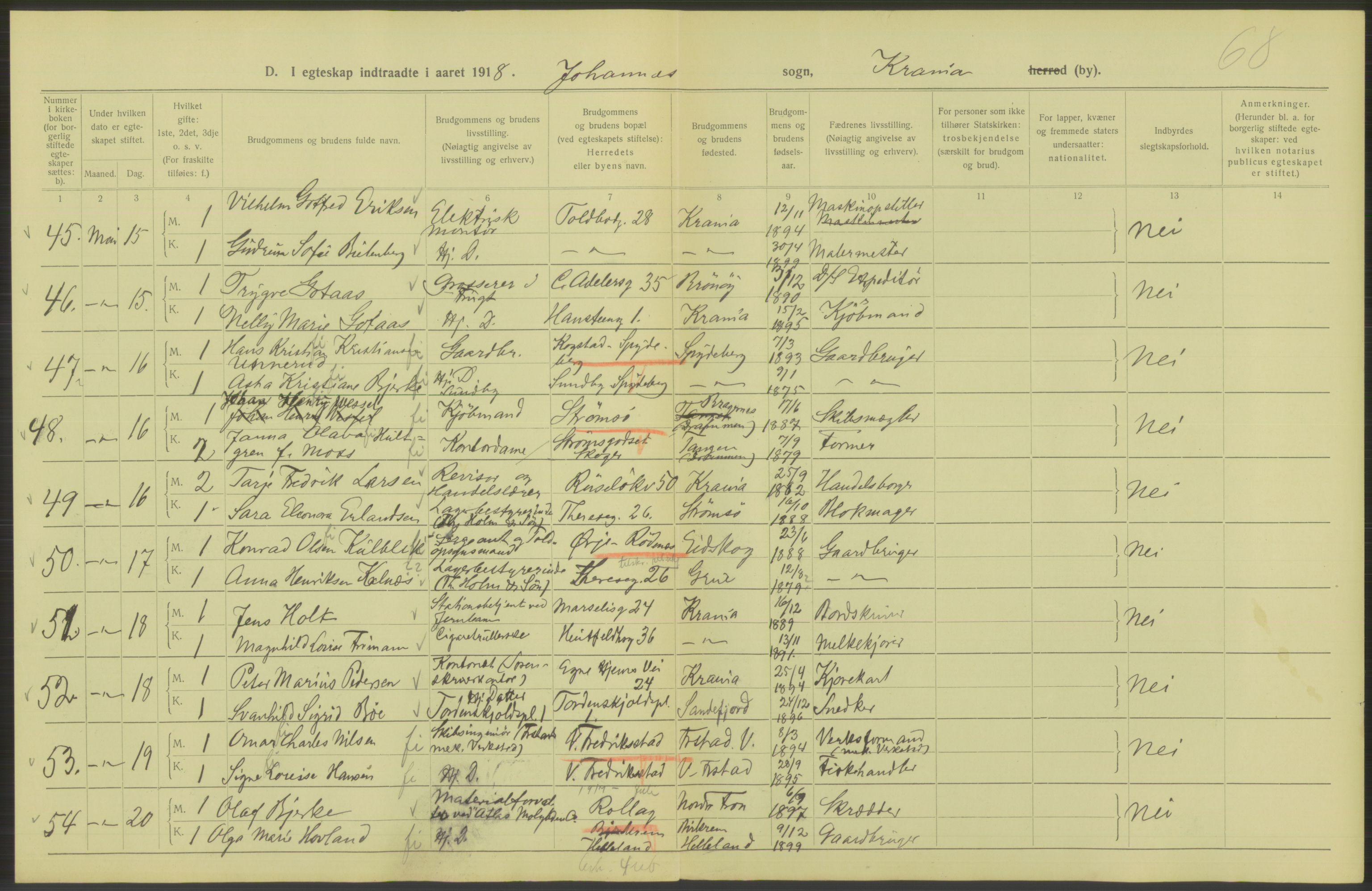 Statistisk sentralbyrå, Sosiodemografiske emner, Befolkning, AV/RA-S-2228/D/Df/Dfb/Dfbh/L0009: Kristiania: Gifte, 1918, s. 180