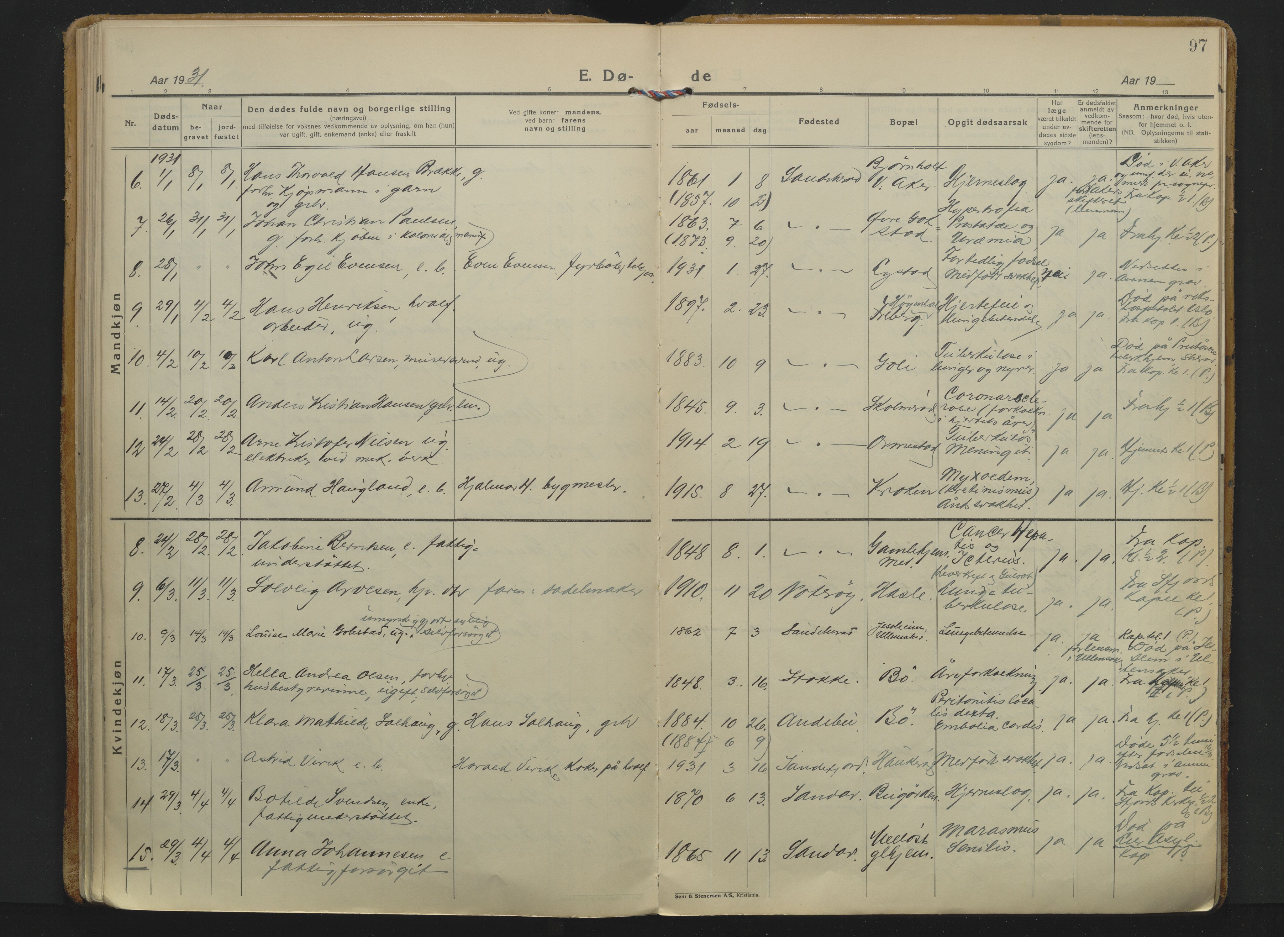 Sandar kirkebøker, AV/SAKO-A-243/F/Fa/L0023: Ministerialbok nr. 23, 1924-1932, s. 97