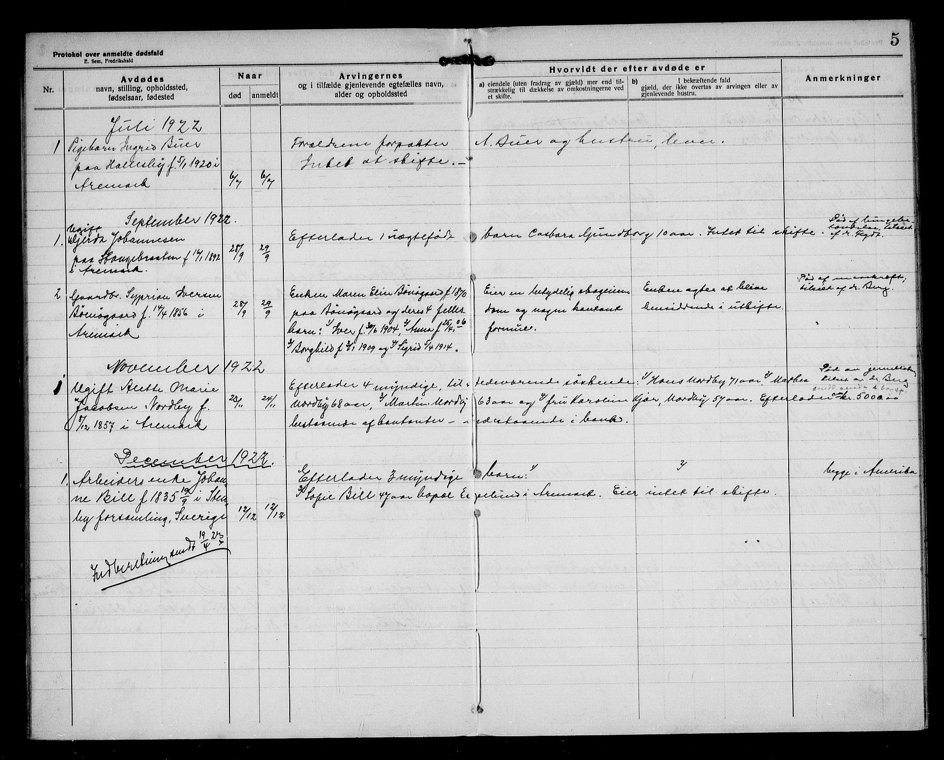 Aremark lensmannskontor, AV/SAO-A-10631/H/Ha/L0004: Dødsfallsprotokoll, 1922-1933, s. 5