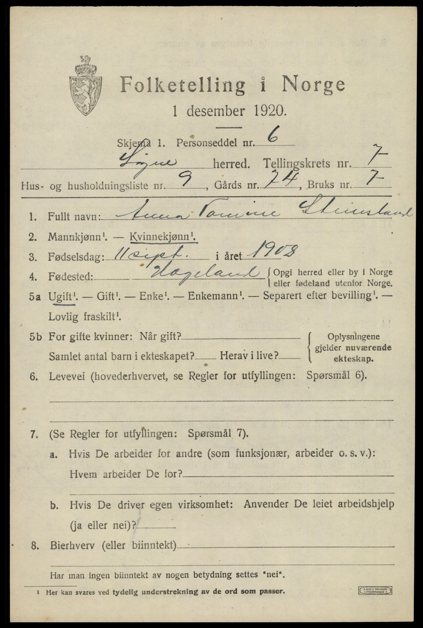 SAK, Folketelling 1920 for 1018 Søgne herred, 1920, s. 3567