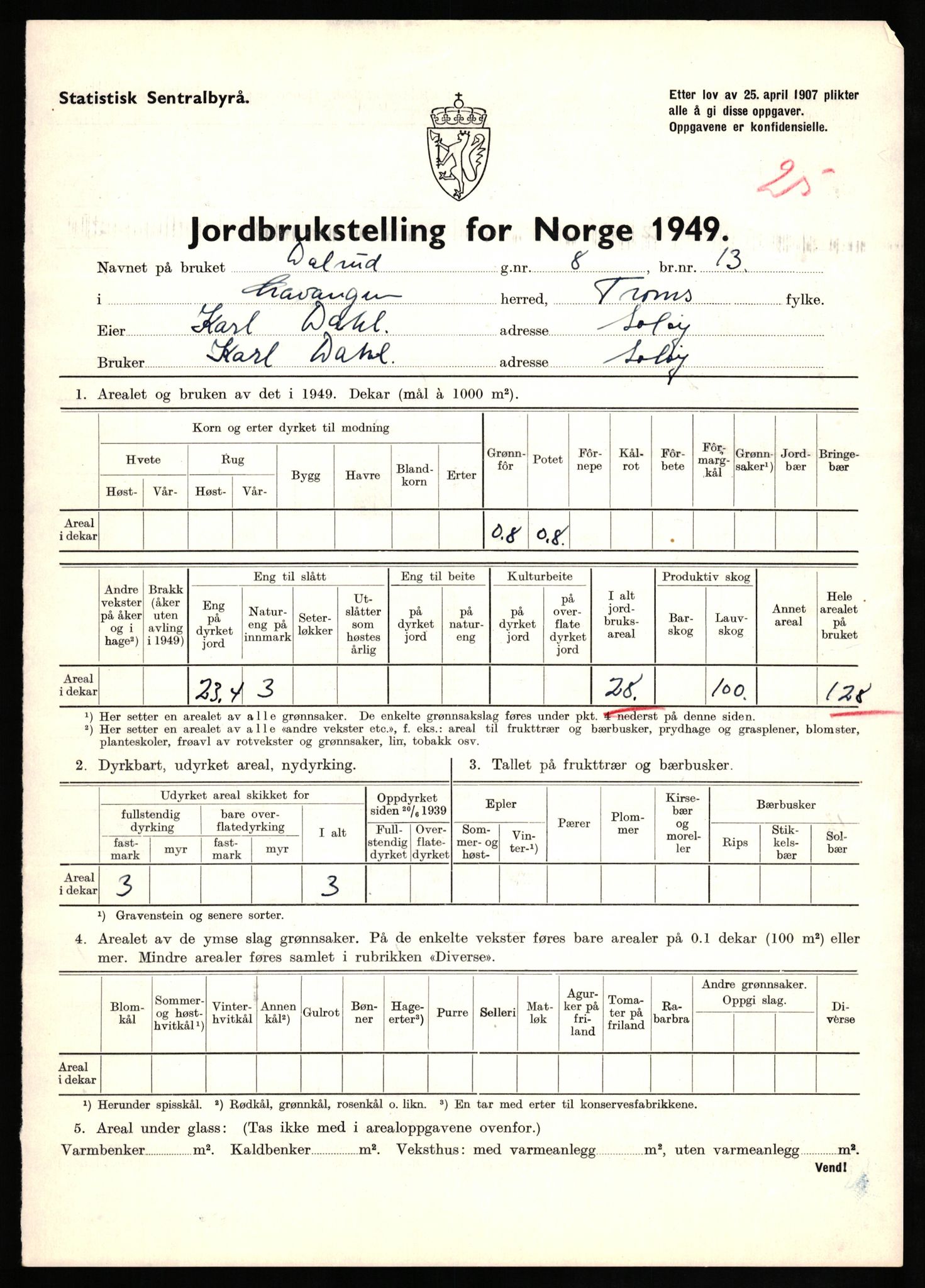 Statistisk sentralbyrå, Næringsøkonomiske emner, Jordbruk, skogbruk, jakt, fiske og fangst, AV/RA-S-2234/G/Gc/L0437: Troms: Gratangen og Lavangen, 1949, s. 367