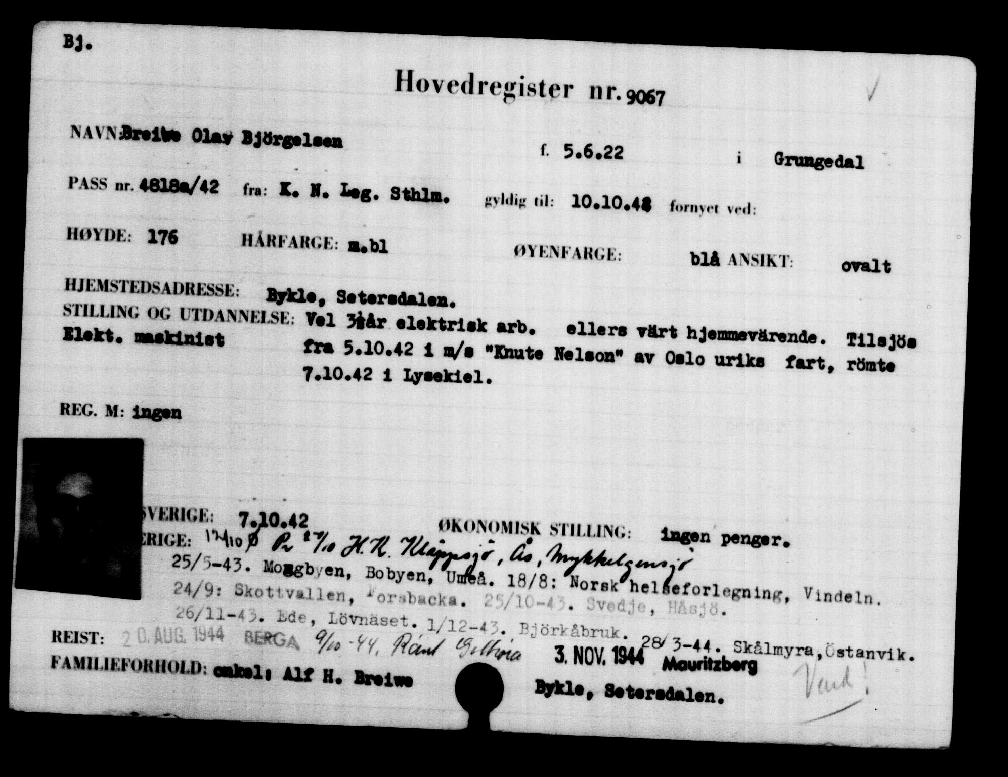 Utenriksstasjonene, Legasjonen i Stockholm, Flyktningkontoret, AV/RA-S-6753/V/Va/L0005: Kjesäterkartoteket, flyktninger med registreringsnr. 6600-9417, 1940-1945, s. 2905