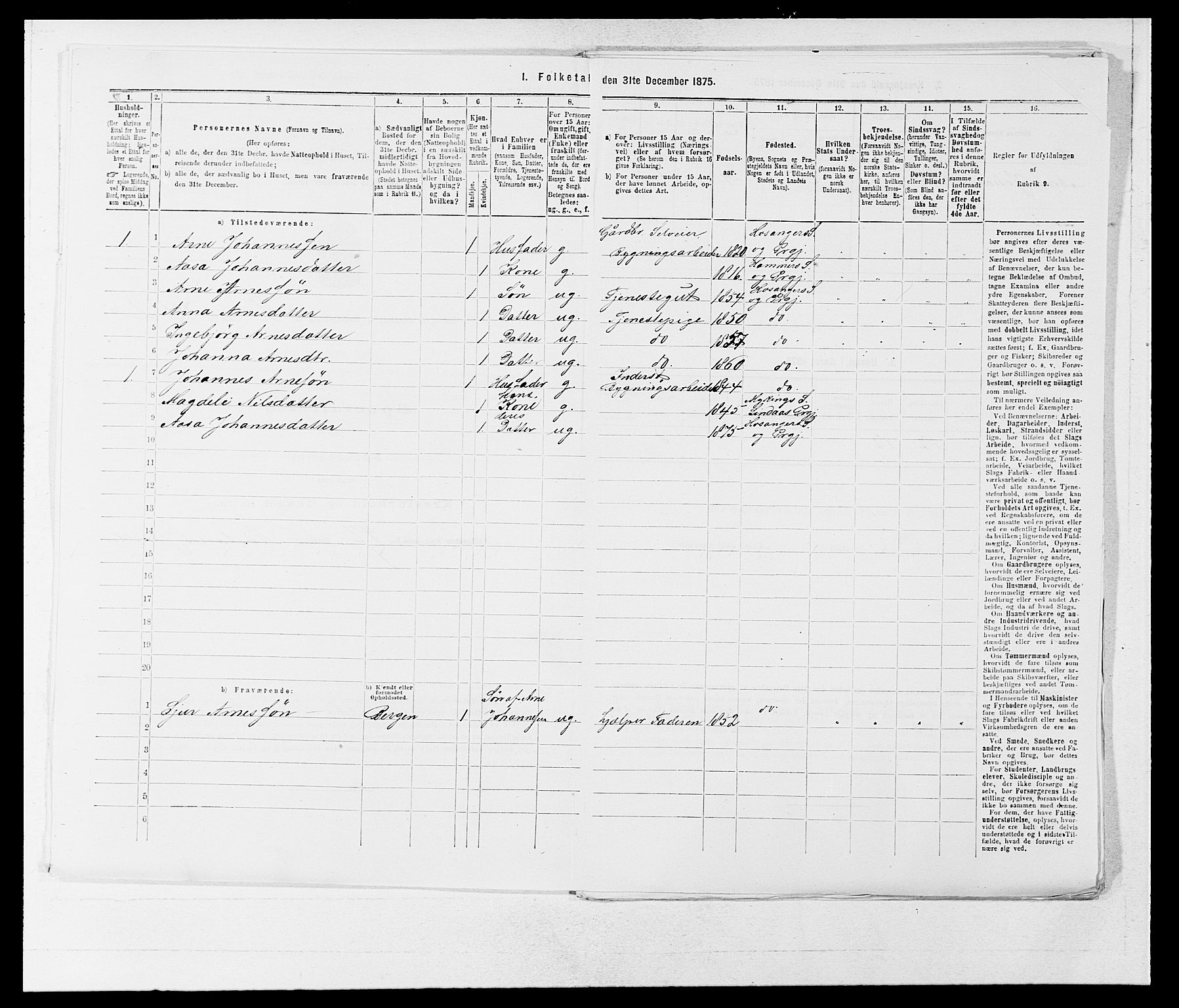 SAB, Folketelling 1875 for 1253P Hosanger prestegjeld, 1875, s. 156