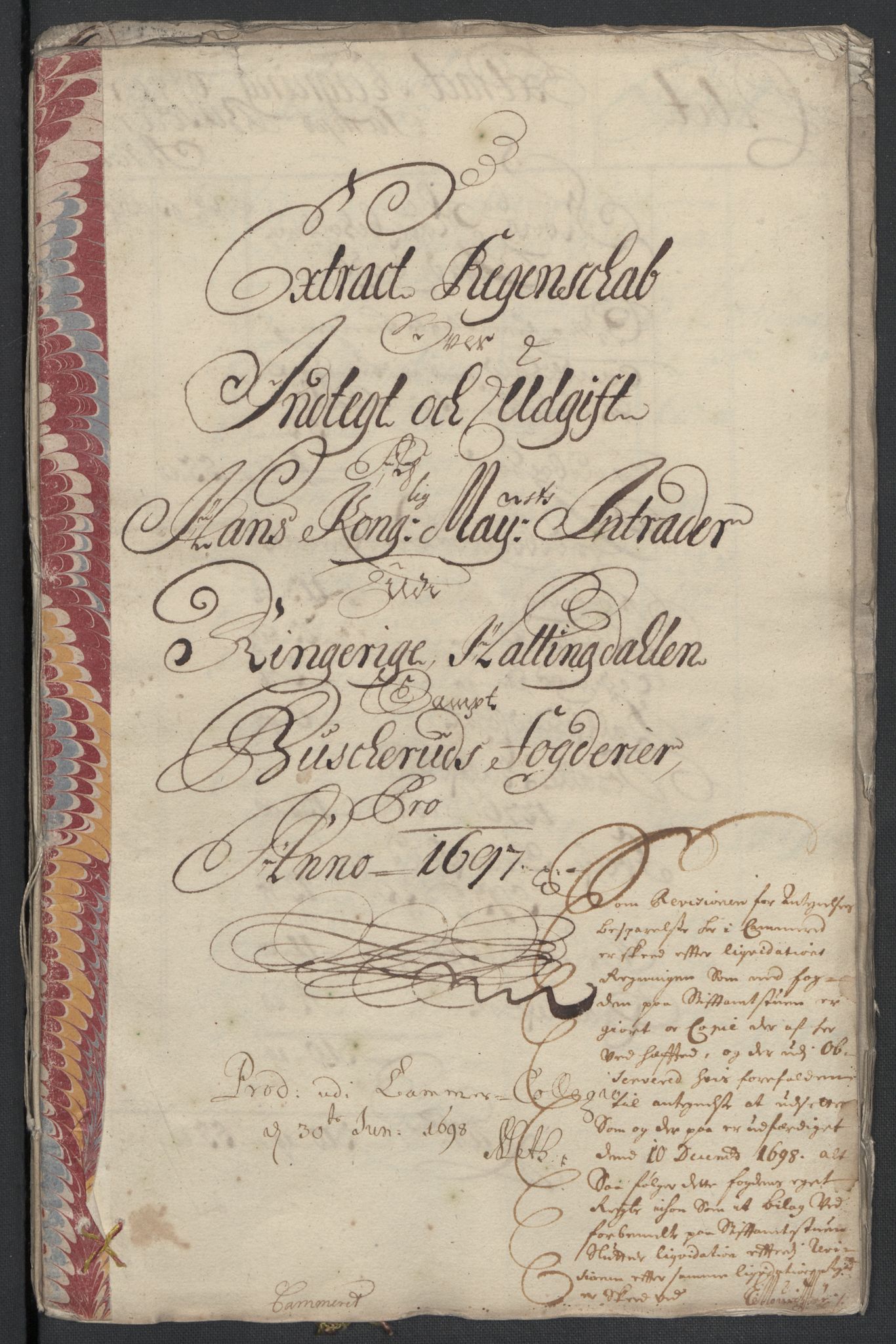 Rentekammeret inntil 1814, Reviderte regnskaper, Fogderegnskap, AV/RA-EA-4092/R22/L1454: Fogderegnskap Ringerike, Hallingdal og Buskerud, 1697, s. 3