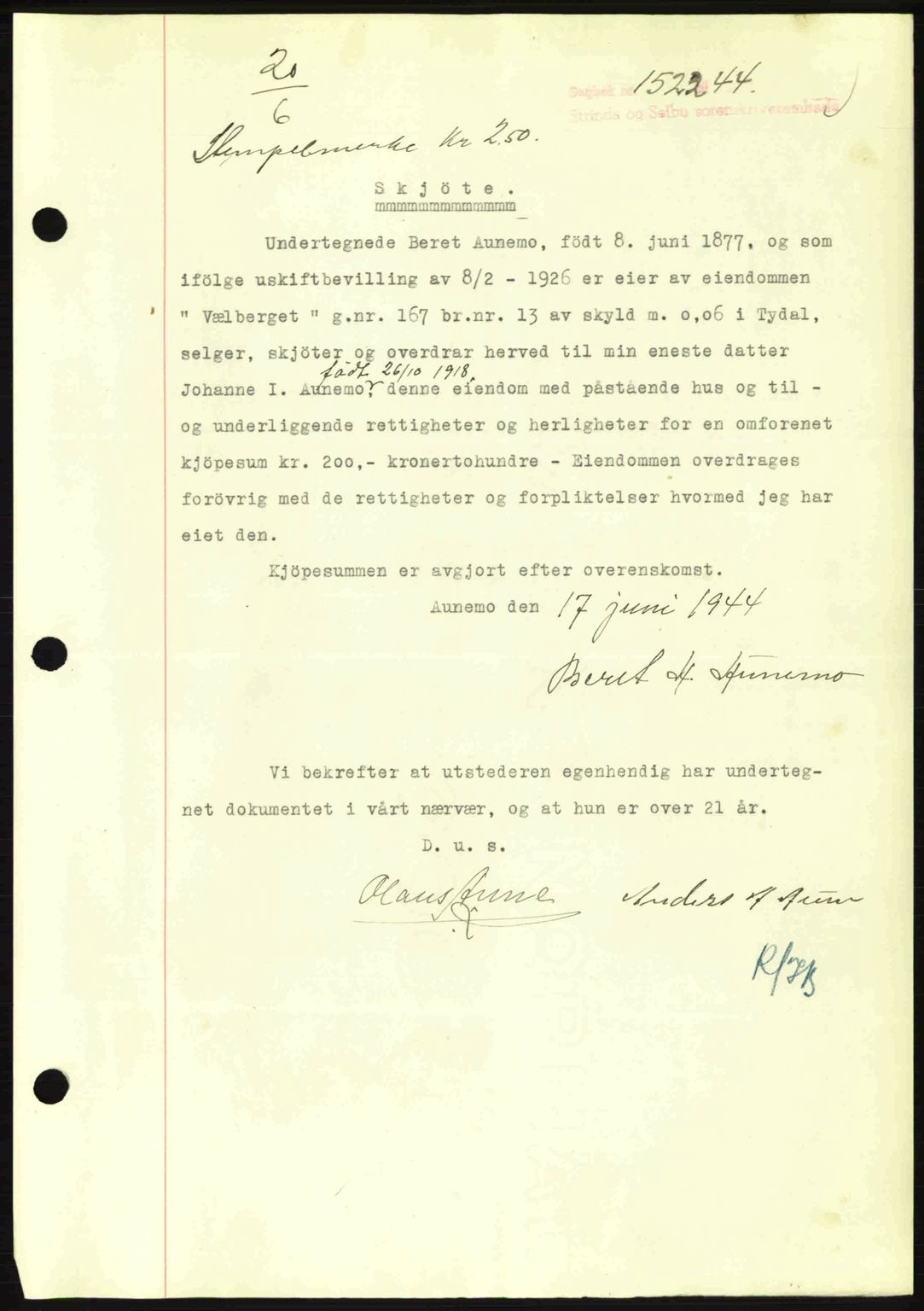 Strinda og Selbu sorenskriveri, SAT/A-0015/2/2C: Pantebok nr. A9, 1944-1945, Dagboknr: 1522/1944