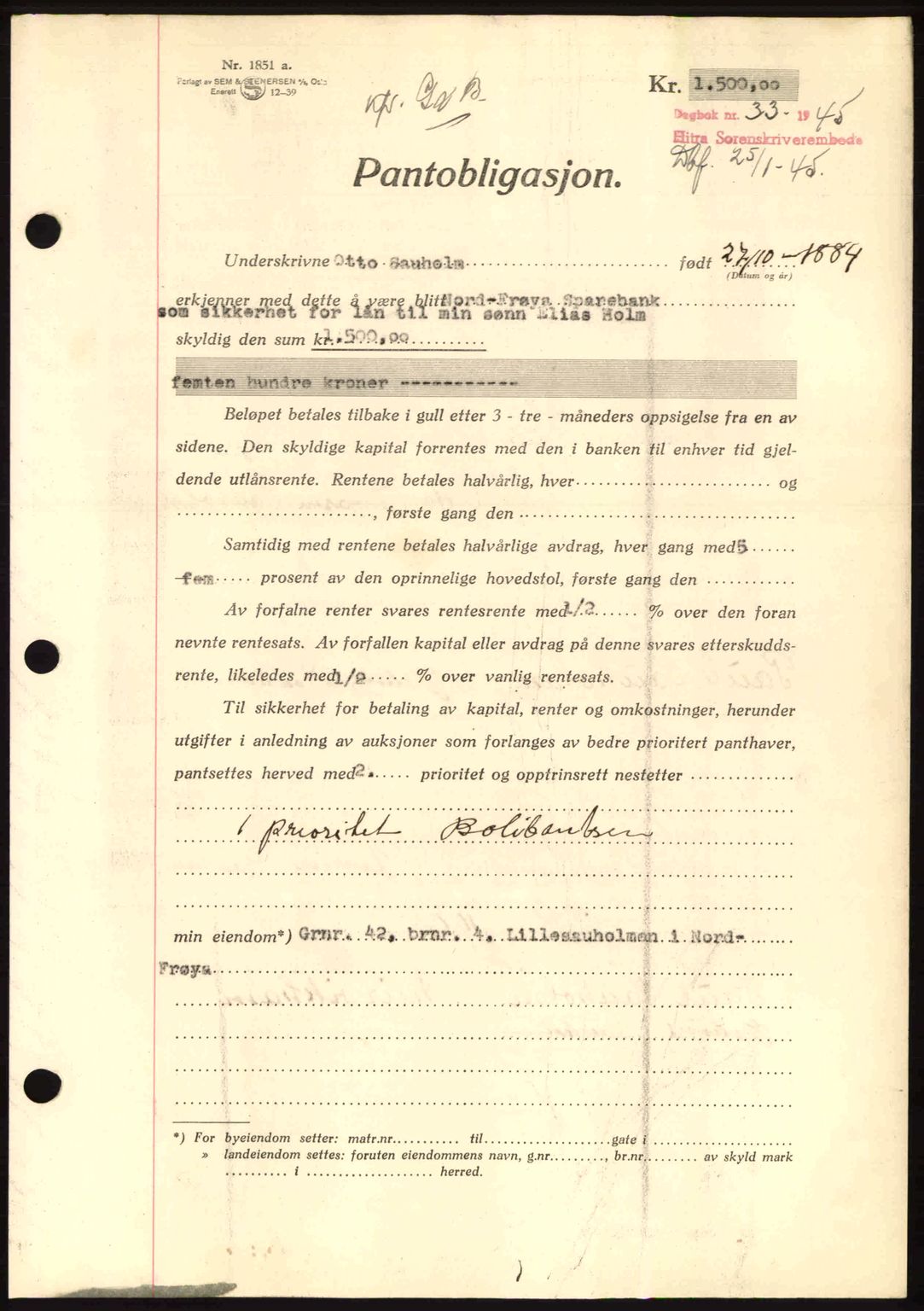 Hitra sorenskriveri, AV/SAT-A-0018/2/2C/2Ca: Pantebok nr. B1, 1939-1949, Dagboknr: 33/1945