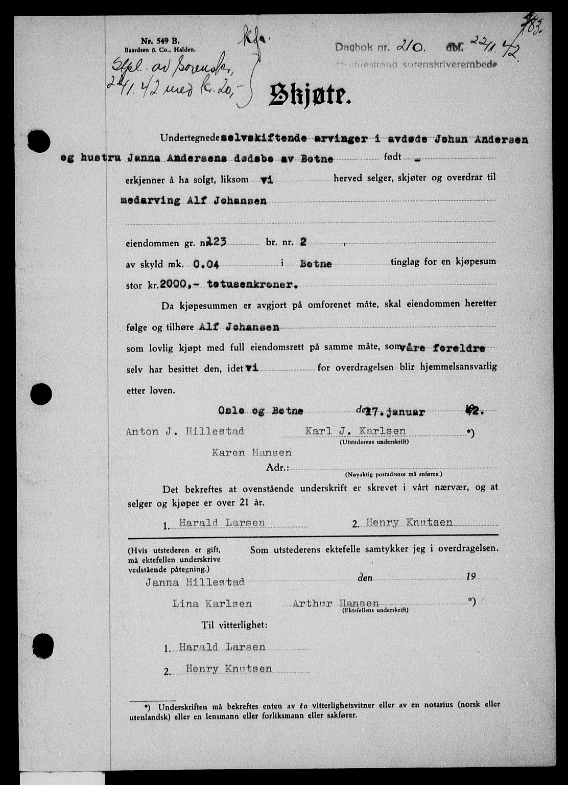 Holmestrand sorenskriveri, SAKO/A-67/G/Ga/Gaa/L0054: Pantebok nr. A-54, 1941-1942, Dagboknr: 210/1942