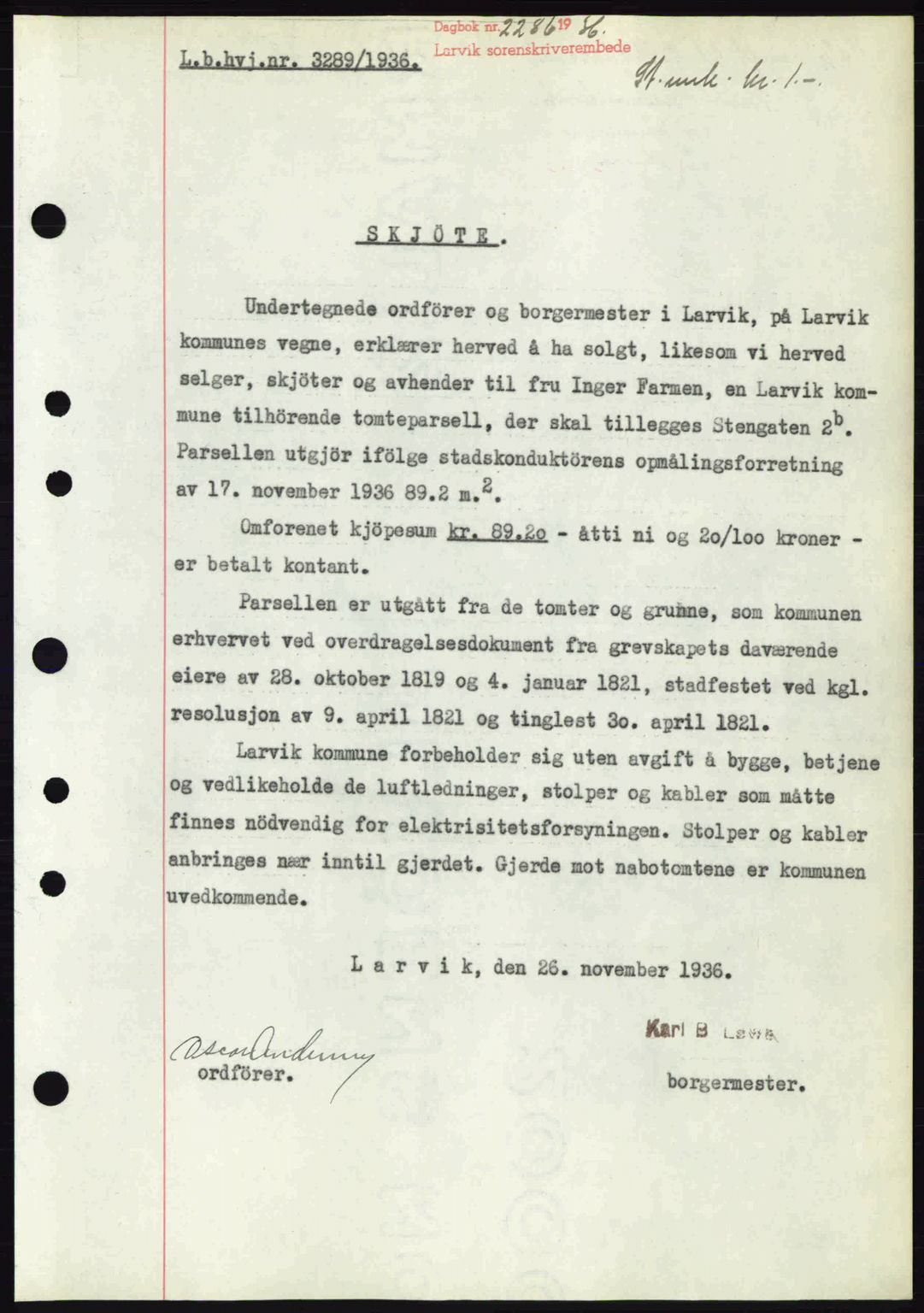 Larvik sorenskriveri, SAKO/A-83/G/Ga/Gab/L0067: Pantebok nr. A-1, 1936-1937, Dagboknr: 2286/1936