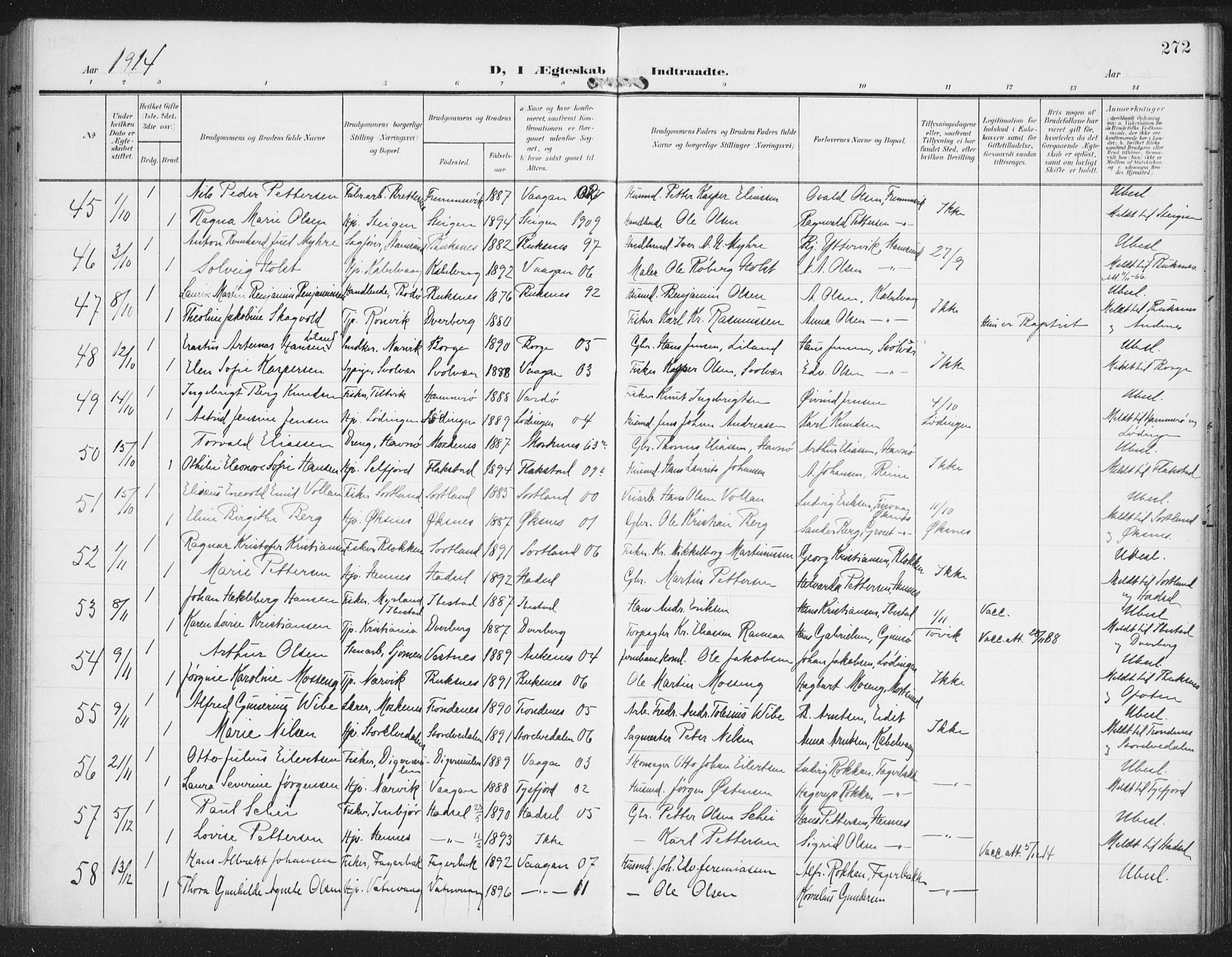 Ministerialprotokoller, klokkerbøker og fødselsregistre - Nordland, AV/SAT-A-1459/874/L1063: Ministerialbok nr. 874A07, 1907-1915, s. 272