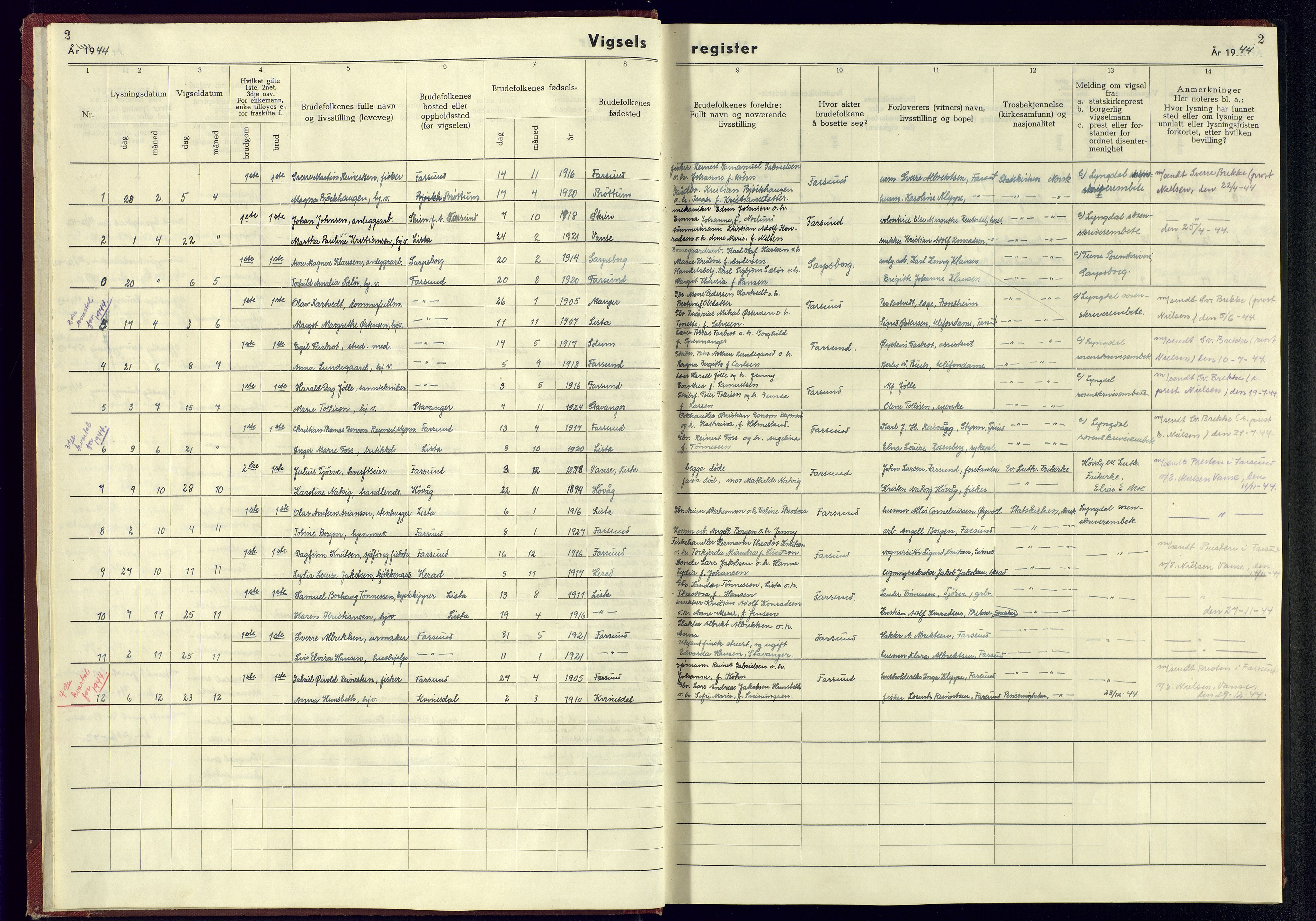 Farsund sokneprestkontor, SAK/1111-0009/J/Jb/L0002: Vigselsregister nr. A-VI-5, 1943-1945, s. 2