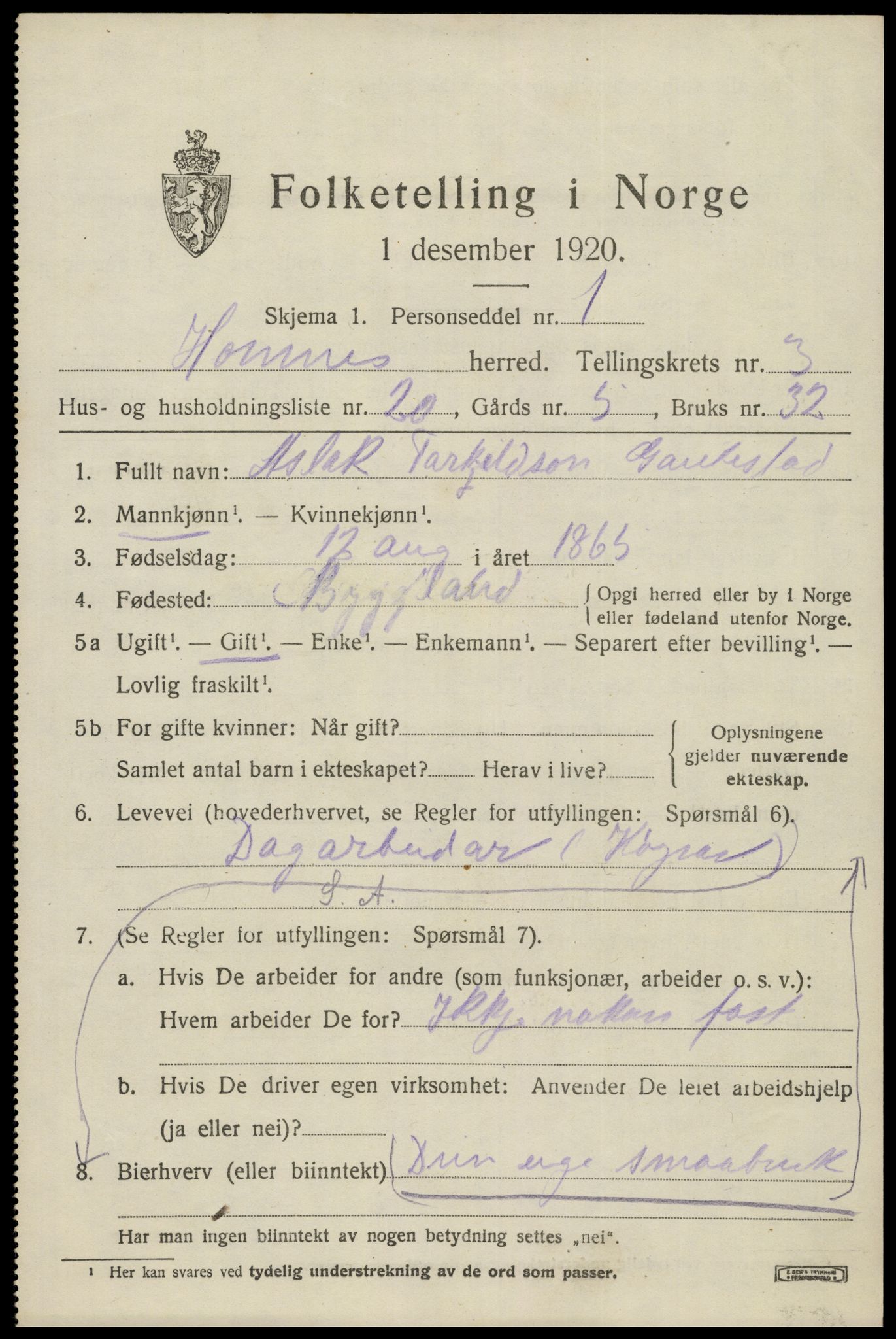 SAK, Folketelling 1920 for 0936 Hornnes herred, 1920, s. 1037