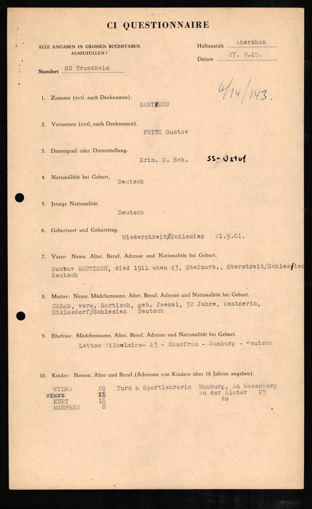 Forsvaret, Forsvarets overkommando II, AV/RA-RAFA-3915/D/Db/L0002: CI Questionaires. Tyske okkupasjonsstyrker i Norge. Tyskere., 1945-1946, s. 182