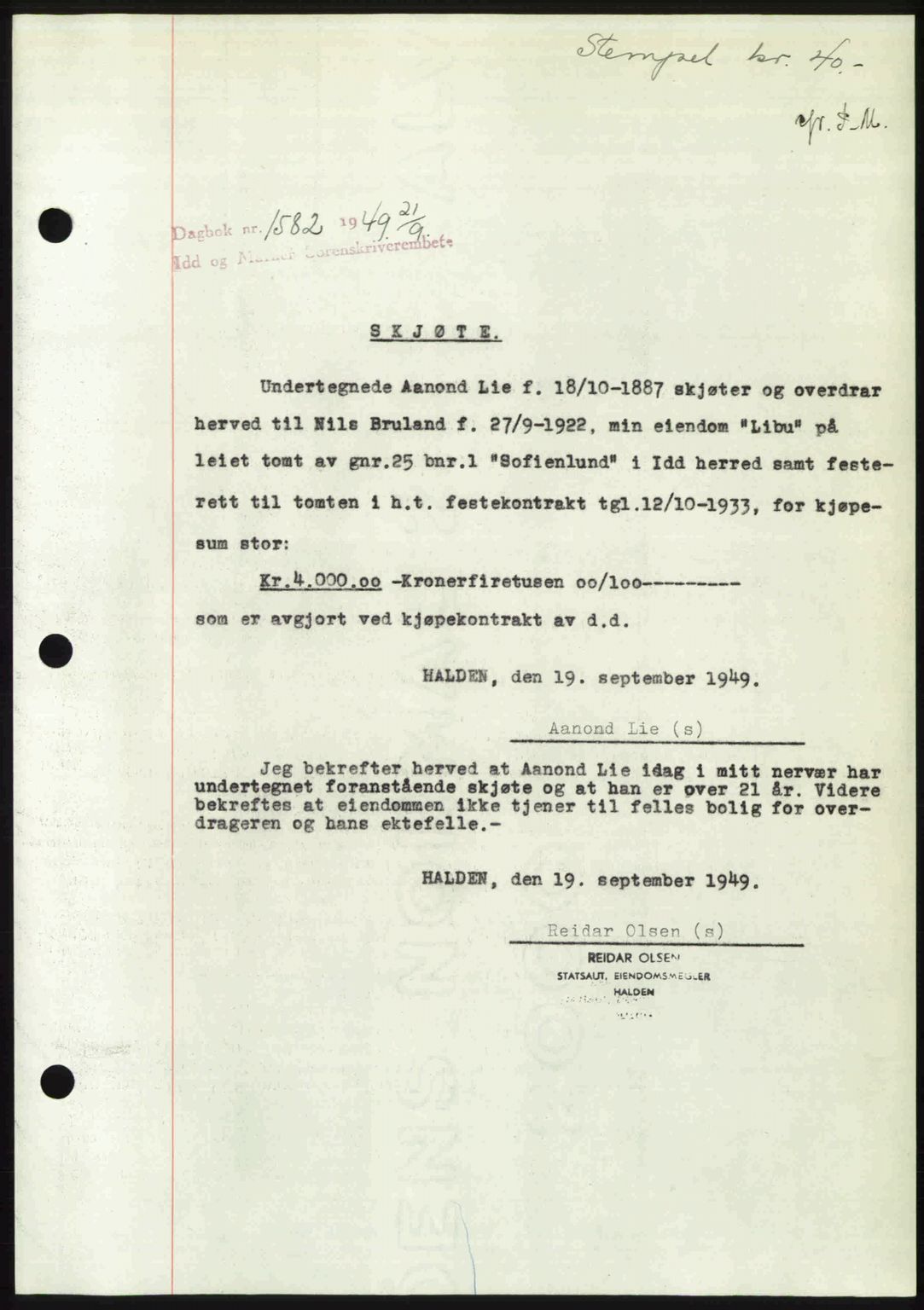 Idd og Marker sorenskriveri, SAO/A-10283/G/Gb/Gbb/L0012: Pantebok nr. A12, 1949-1949, Dagboknr: 1582/1949