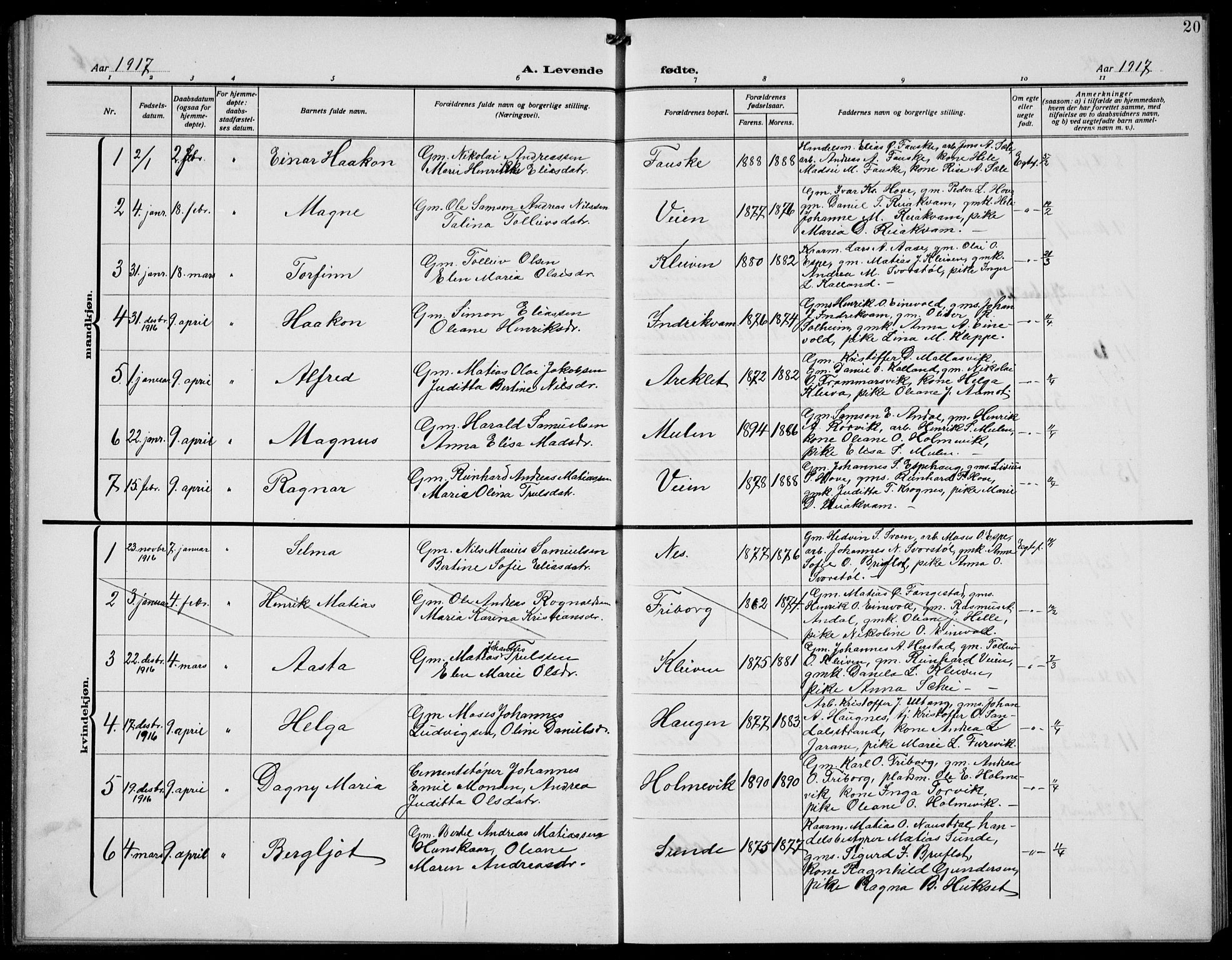 Førde sokneprestembete, AV/SAB-A-79901/H/Hab/Habd/L0006: Klokkerbok nr. D 6, 1914-1937, s. 20