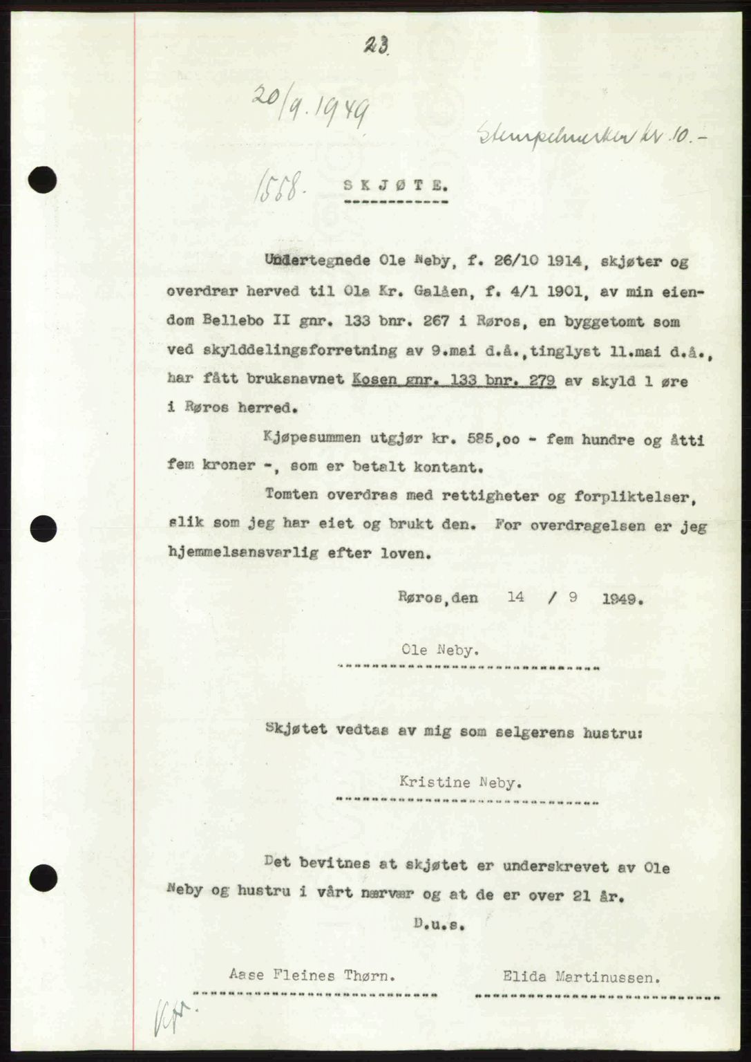 Gauldal sorenskriveri, SAT/A-0014/1/2/2C: Pantebok nr. A8, 1949-1949, Dagboknr: 1558/1949