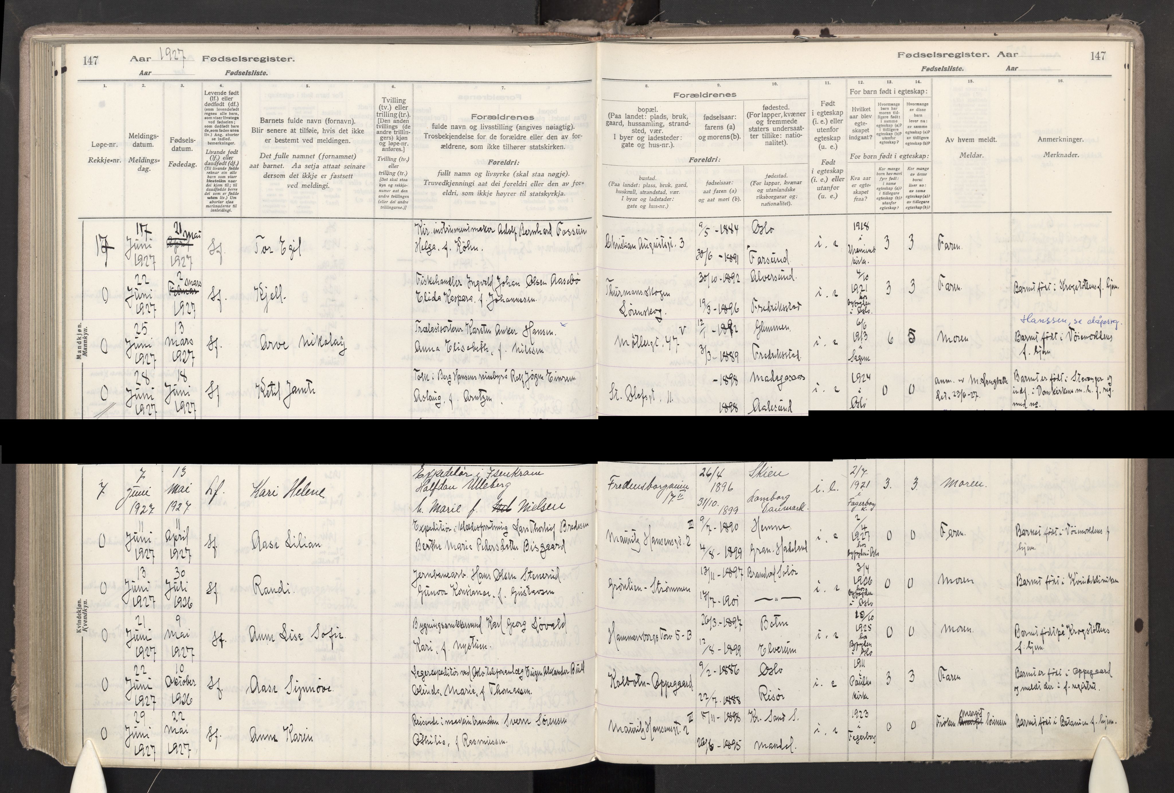 Trefoldighet prestekontor Kirkebøker, AV/SAO-A-10882/J/Ja/L0001: Fødselsregister nr. 1, 1916-1931, s. 147