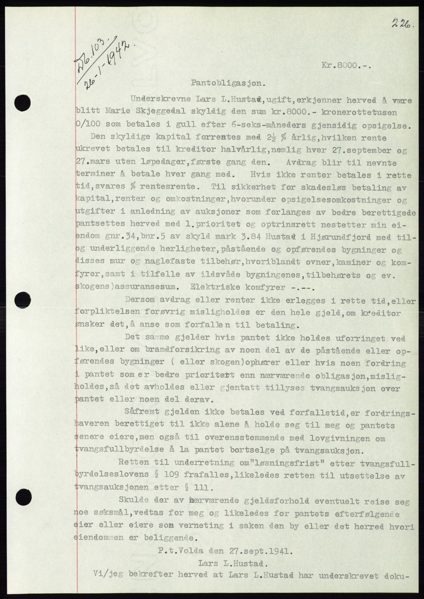 Søre Sunnmøre sorenskriveri, SAT/A-4122/1/2/2C/L0073: Pantebok nr. 67, 1941-1942, Dagboknr: 103/1942