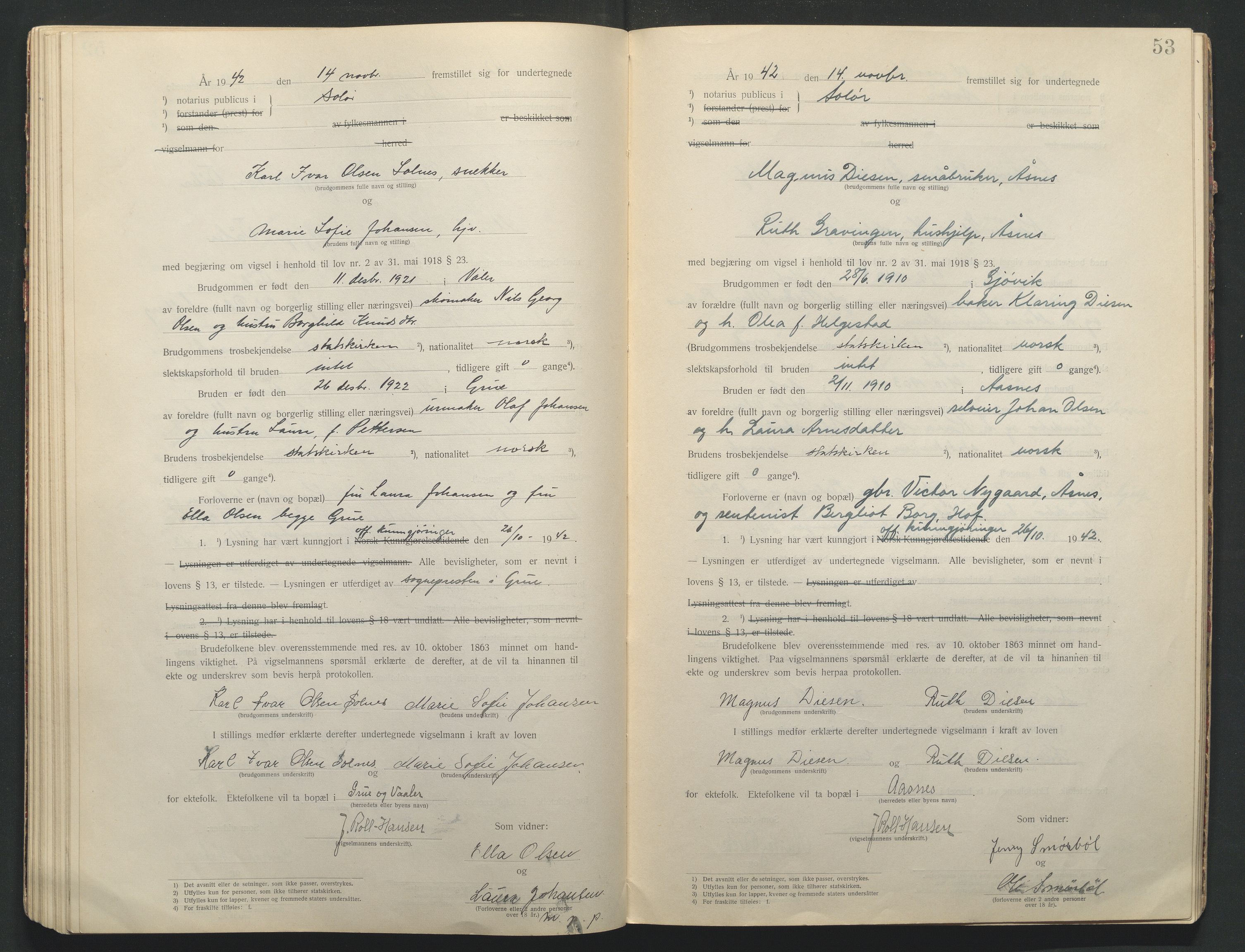 Solør tingrett, AV/SAH-TING-008/L/Lb/L0001: Vigselprotokoll, 1920-1943, s. 53
