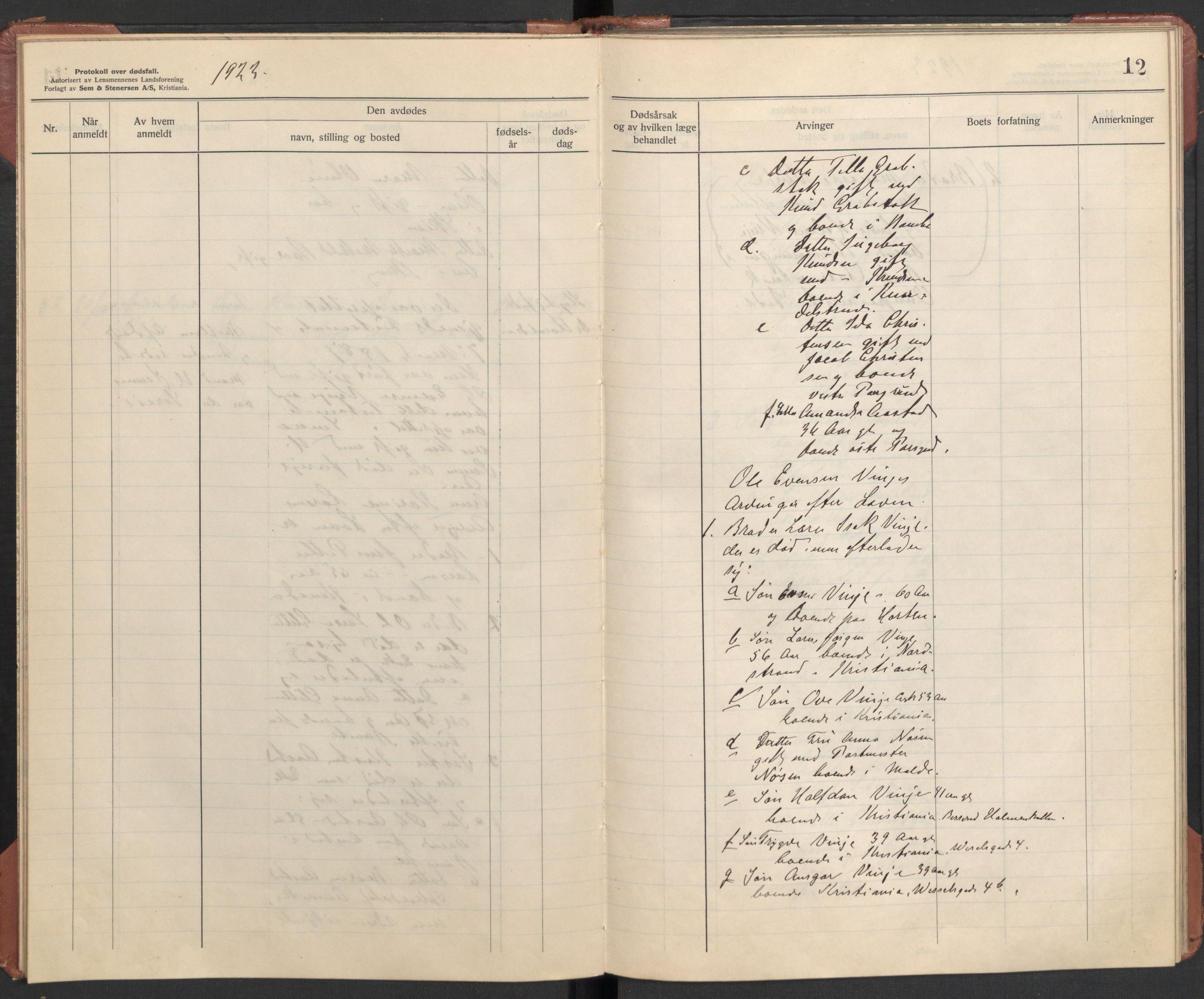 Bamble lensmannskontor, AV/SAKO-A-552/H/Ha/Haa/L0004: Dødsfallsprotokoll, 1923-1926, s. 12