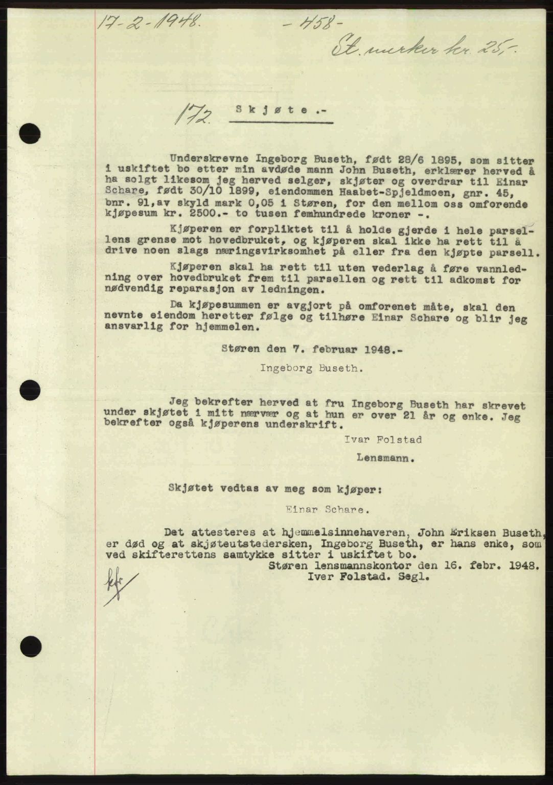 Gauldal sorenskriveri, SAT/A-0014/1/2/2C: Pantebok nr. A5, 1947-1948, Dagboknr: 172/1948