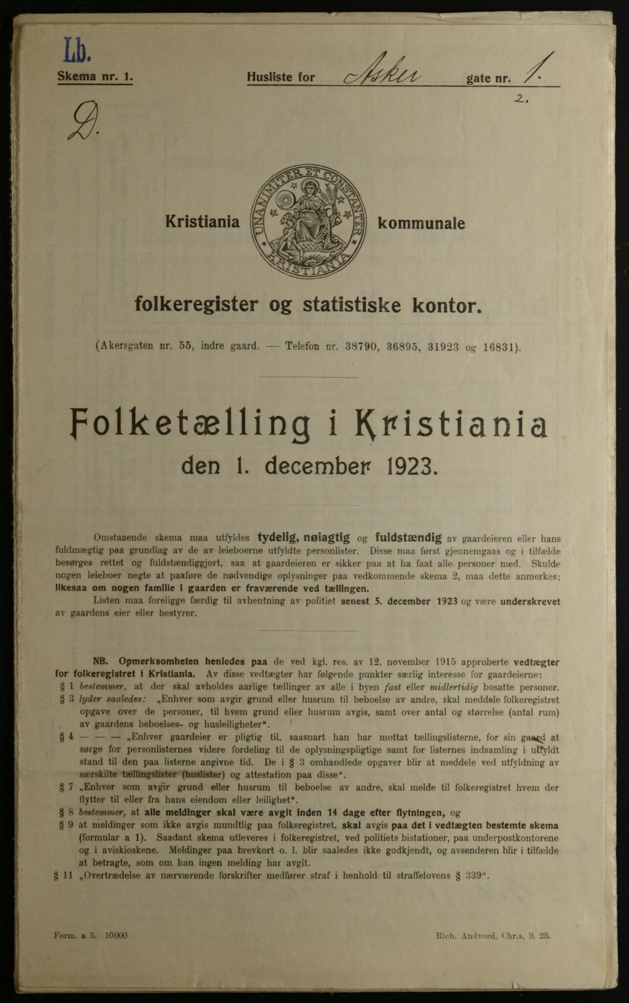 OBA, Kommunal folketelling 1.12.1923 for Kristiania, 1923, s. 3147