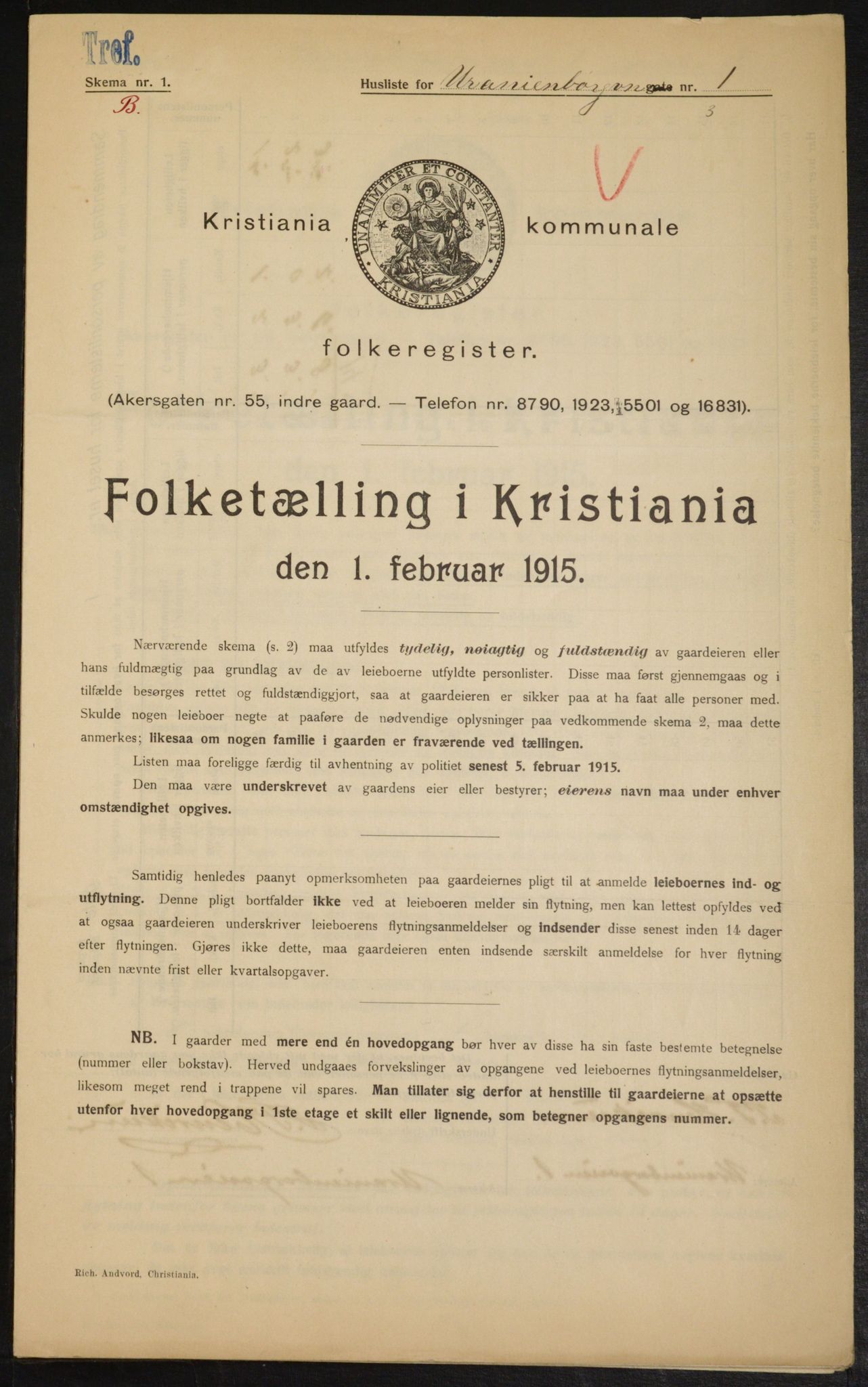 OBA, Kommunal folketelling 1.2.1915 for Kristiania, 1915, s. 121005