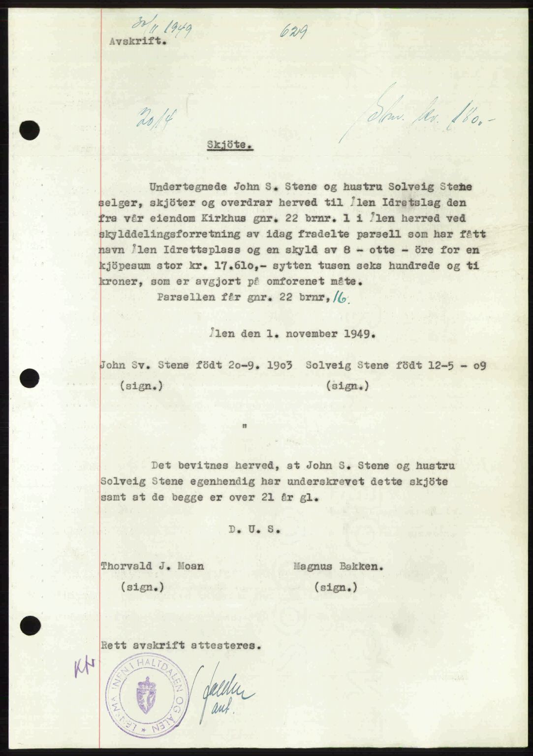 Gauldal sorenskriveri, SAT/A-0014/1/2/2C: Pantebok nr. A9, 1949-1950, Dagboknr: 2014/1949